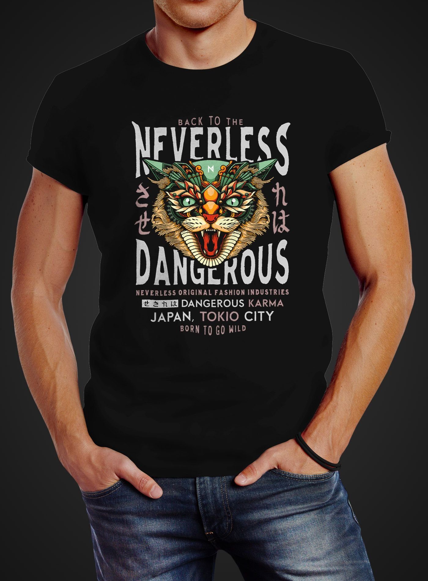 Katzenkopf mit Print Dangerous Herren Streetstyle Neverless Print-Shirt Print Design Japan Neverless® Tokio T-Shirt Fashion Cat City Schriftzug Motiv