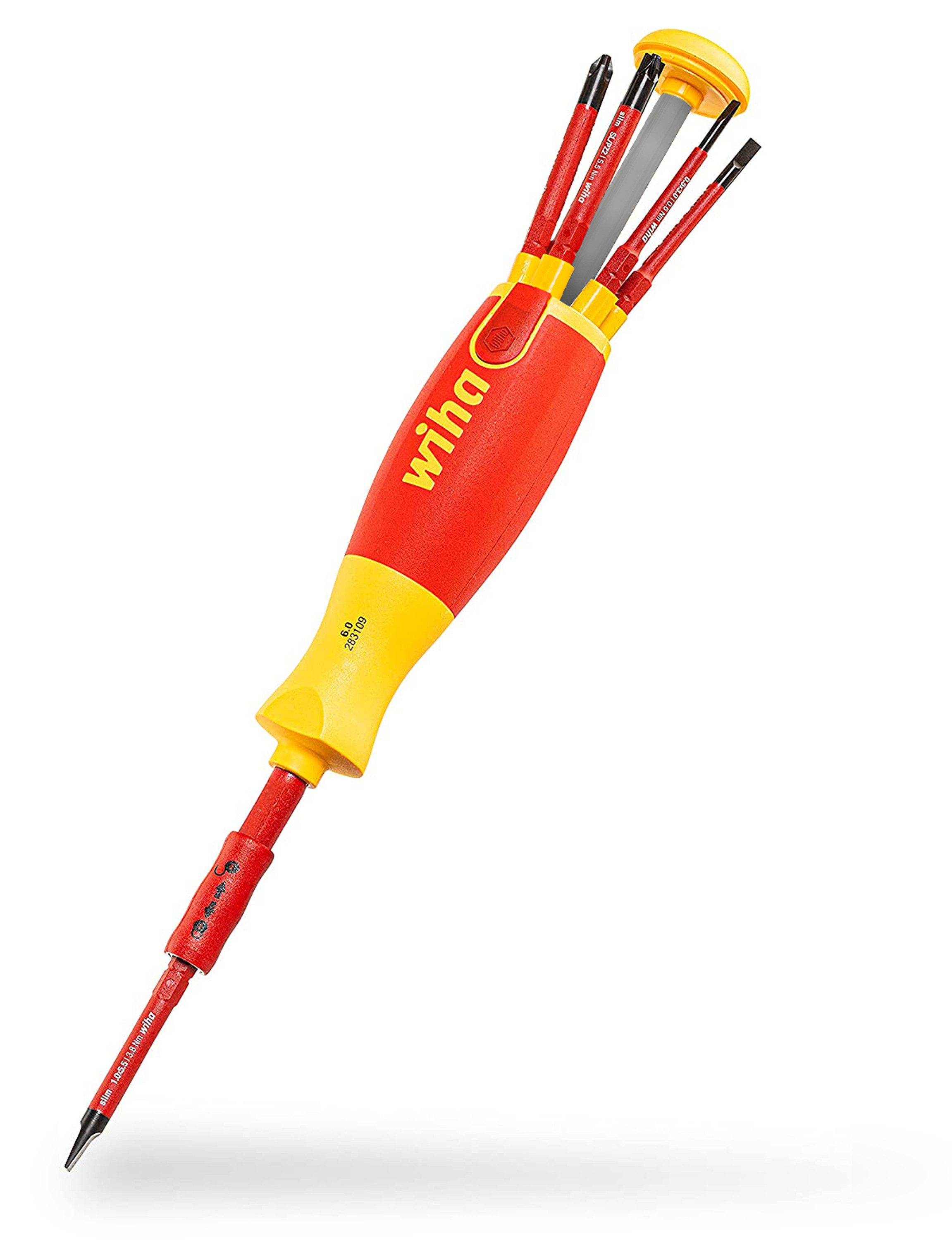 Wiha Schraubendreher LiftUp electric (38610) - 6 tlg., slimBits für Elektriker, Bithalter, Schlitz, Kreuzschlitz