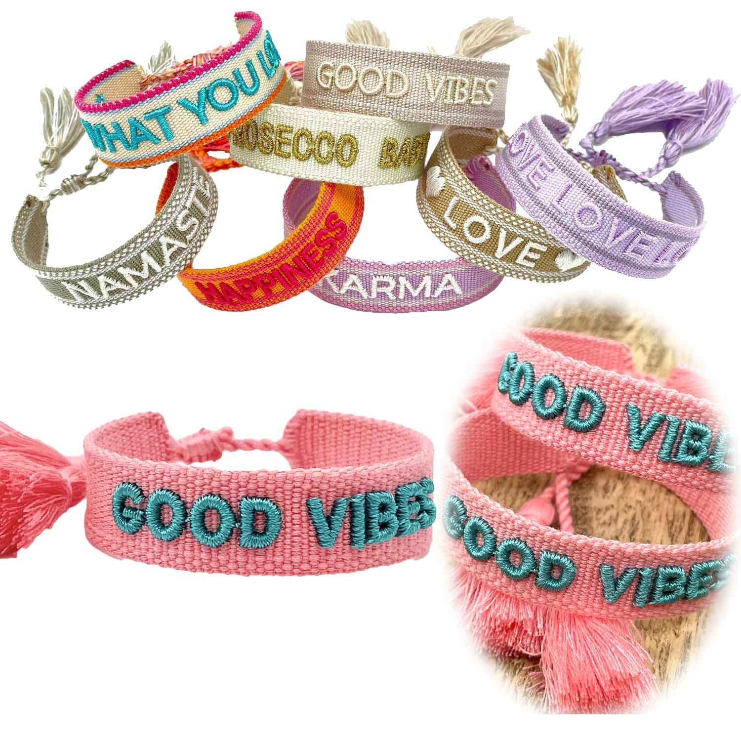 LS-LebenStil Armband Canvas Statement Armband Small Good Vibes Rosa Pink Quasten bestickt (Baumwollarmband Webarmband Armbandliebe Freundschaftsarmband Freundschaftsband Partnerarmband, 1-tlg., textil geflochten gewebt - hochwertiger gestickter Spruch), p