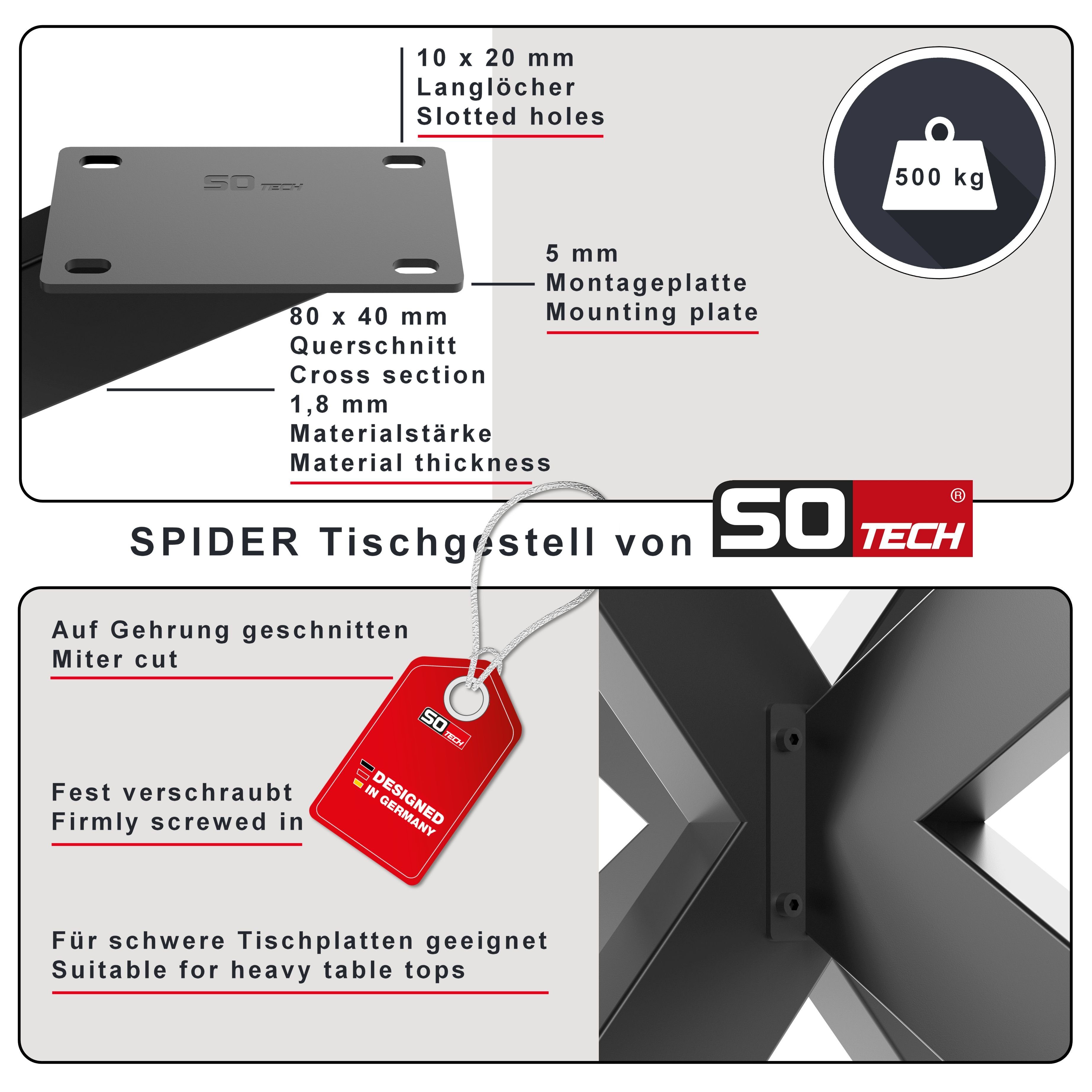 SO-TECH® Tischgestell SPIDER Schwerlast belastbar bis 500 kg, einfache Montage, Couchtisch Sofatisch, schwarz, H 430 x B 580 x L 980 mm