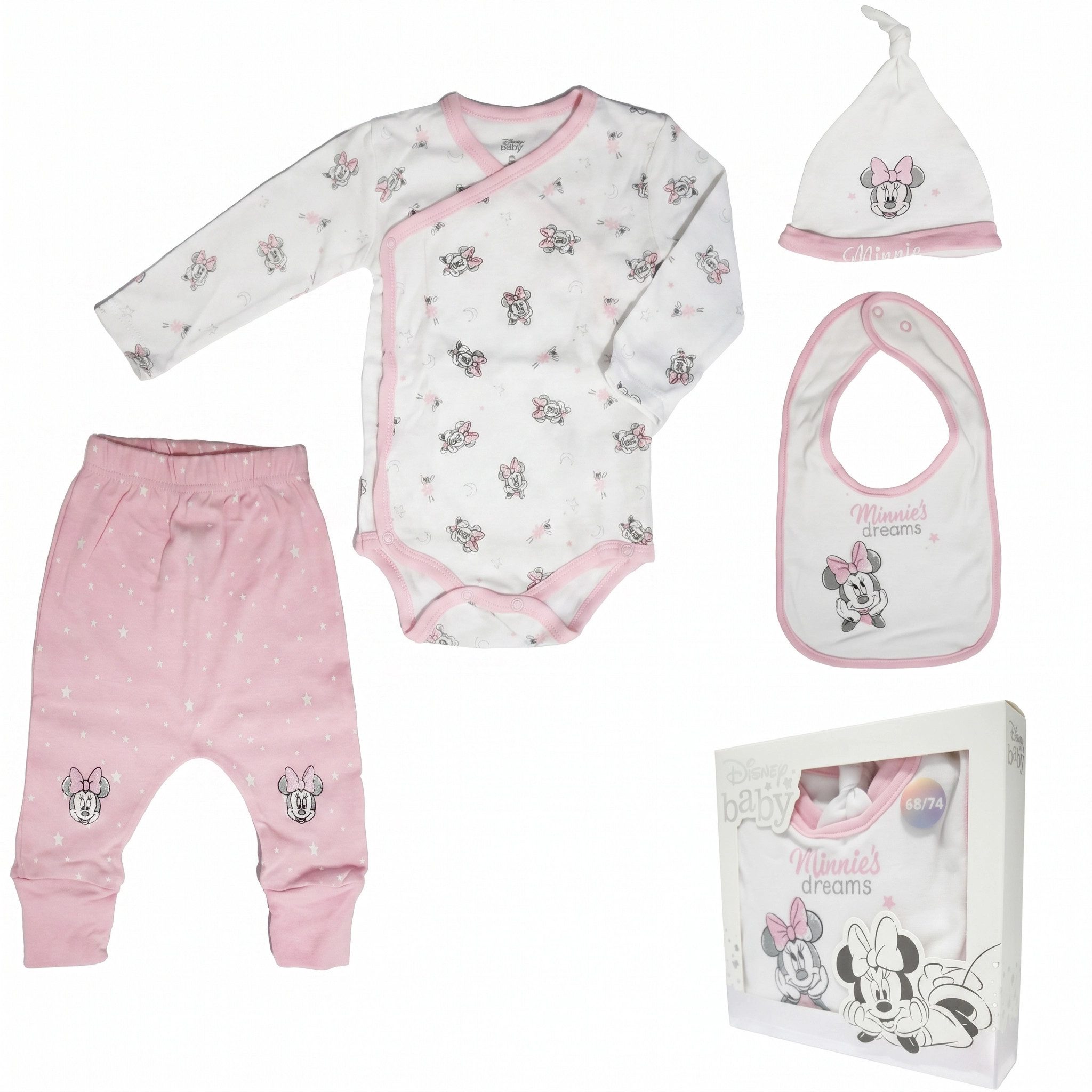 Disney Strampler Disney Minnie Maus Baby 4 tlg Set Body Hose Lätzchen Mütze (4-tlg) Gr. 56 bis 74, reine Baumwolle