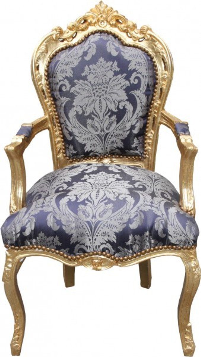 Casa Padrino Esszimmerstuhl Barock Esszimmer Stuhl Blau Muster / Gold mit Armlehnen - Limited Edition