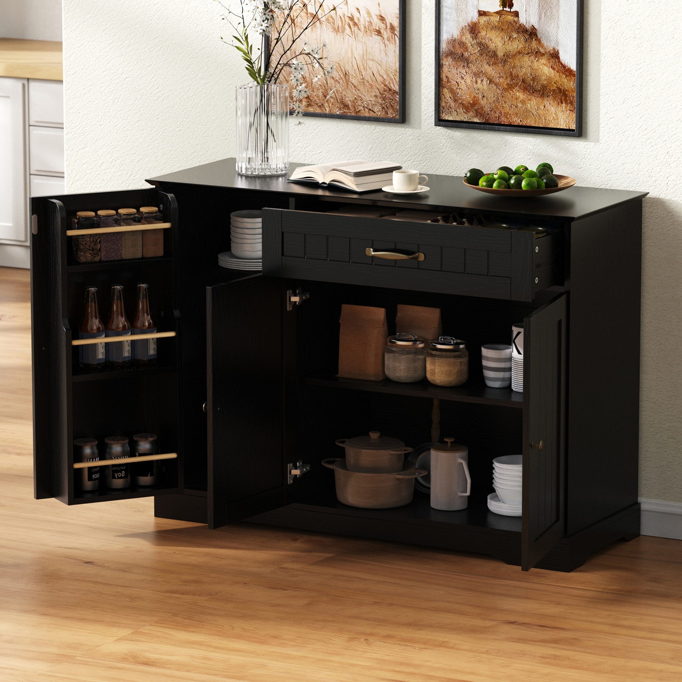 autolock Sideboard Kommode Buffetschrank mit Verstellbare Trennwand 3 Türen 1 Schublade, Modernes Anrichte Küchenschrank für Esszimmer, Wohnzimmer und Diele