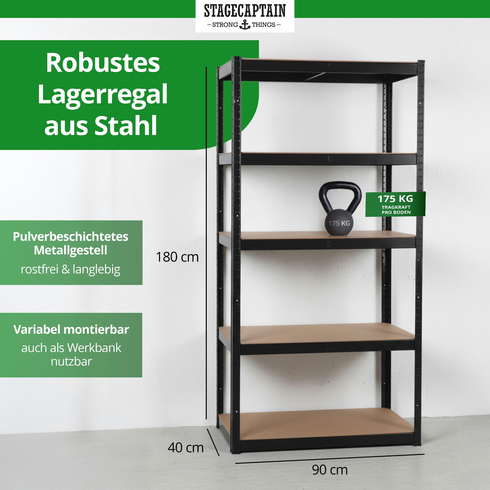 Stagecaptain Schwerlastregal Lagerregal - 5 variabel montierbare Böden - auch als Werkbank umbaubar, Tragkraft pro Boden: 175 kg, gesamt 875 kg