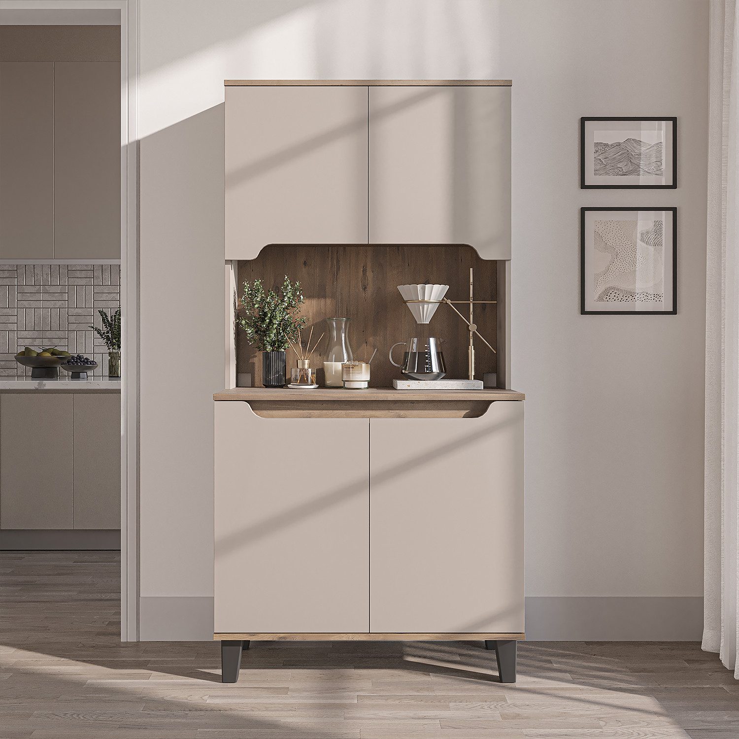 Roomart Küchenbuffet DEFNE mit Nische Kaffeebar Mikrowellenschrank Vorratsschrank, 5 Farben Offene Nische für Kaffeemaschine, 4 Türfächer – Bild 3 von 5