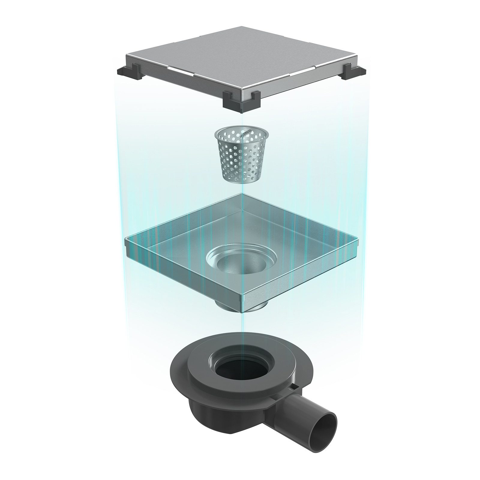 EMKE Duschrinne Edelstahl Bodenablauf Quadratischer Duschrinne 2 in 1 Komplettset, Mit Bodenablaufabdeckung, Geruchsverschluss, Haarsieb,und Siphon