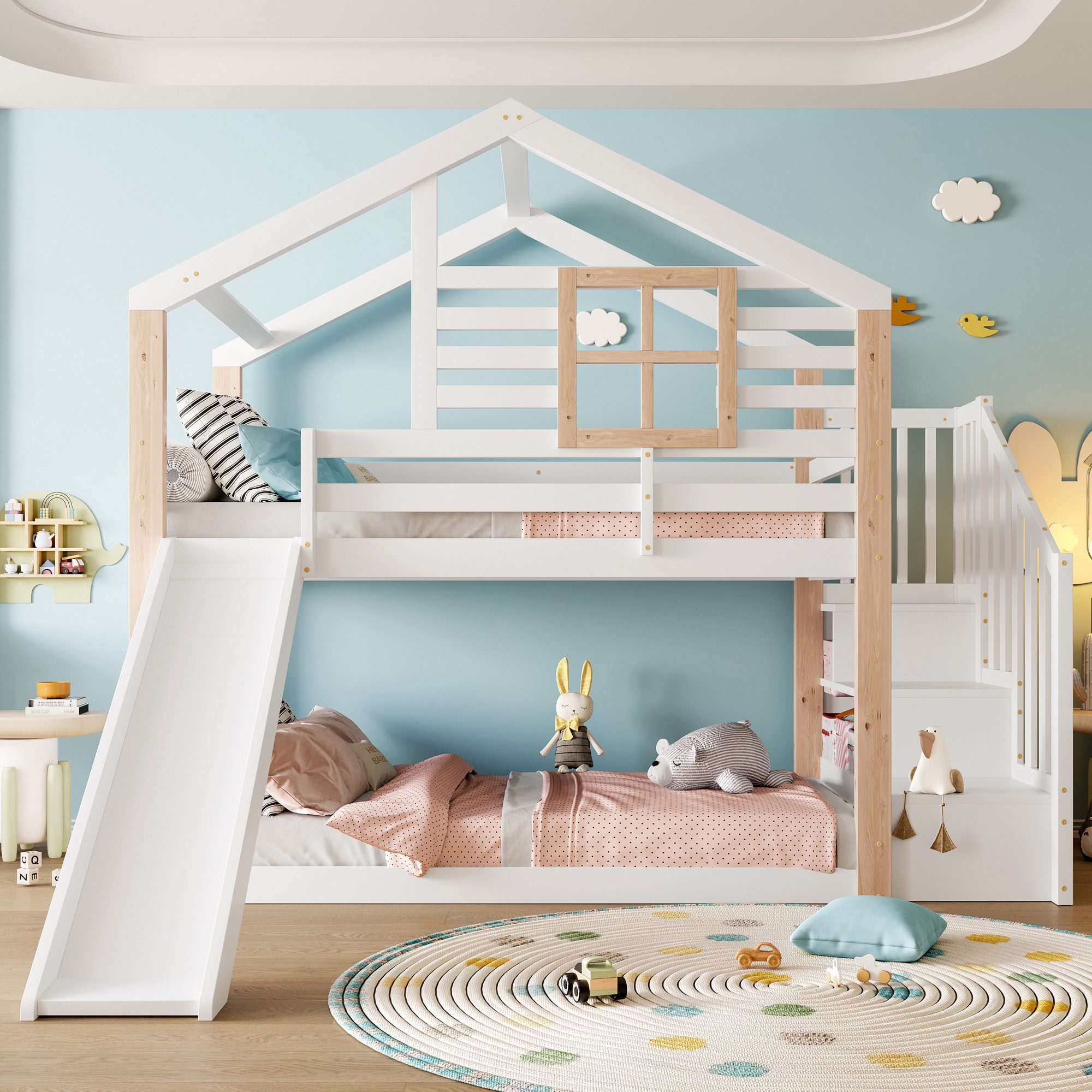 HAUSS SPOLE Etagenbett 90x200 mit Rutsche,Kinderbett Stockbett mit Geländer und Haus-Design (mit Rutsche & Treppe, Massivholz, skandinavisches Design, mit Stauraum, 90x200 cm), ohne Matratze