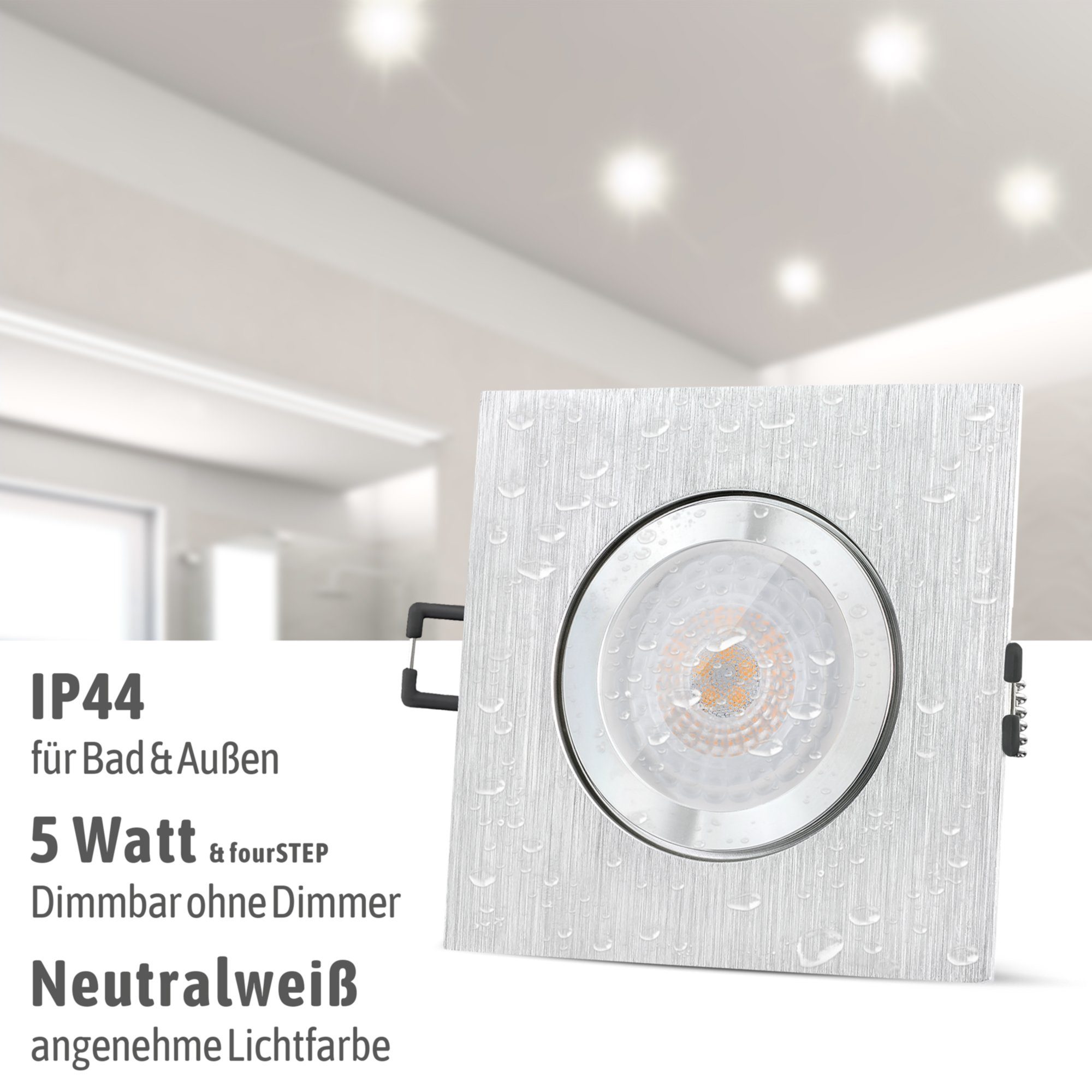 Bad Alu Neutralweiß gebuerstet IP44, & eckig SSC-LUXon flach Einbaustrahler Außen-Deckenleuchte LED QW-2 fuer