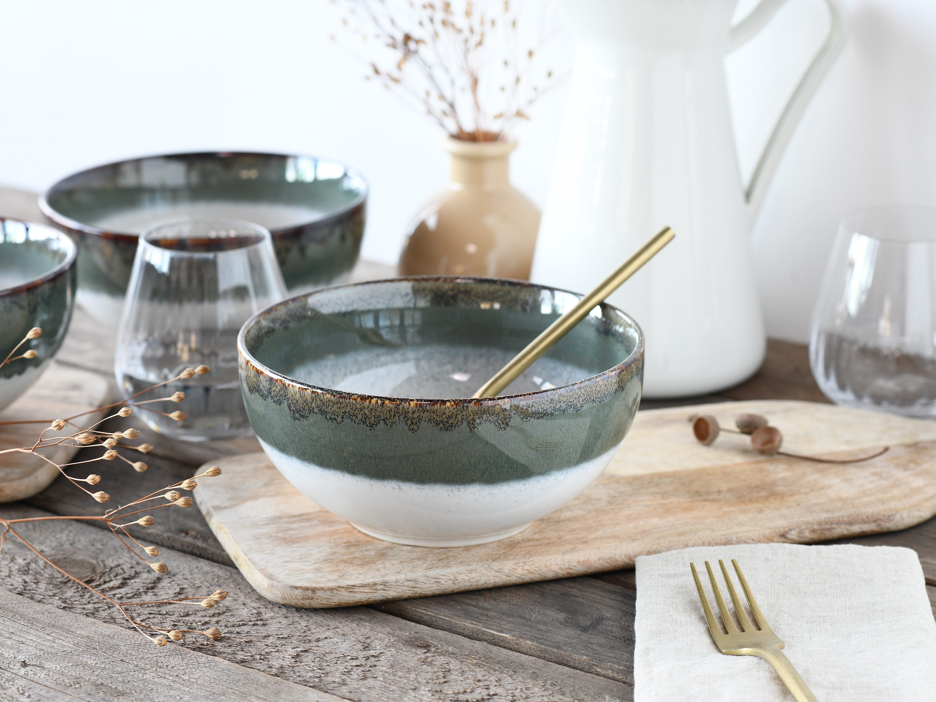 CreaTable Schale Cascade, Buddha Bowl 17,5 cm 4-tlg, Steinzeug, (Set, 4-tlg), Rekativglasur, Healthy Food