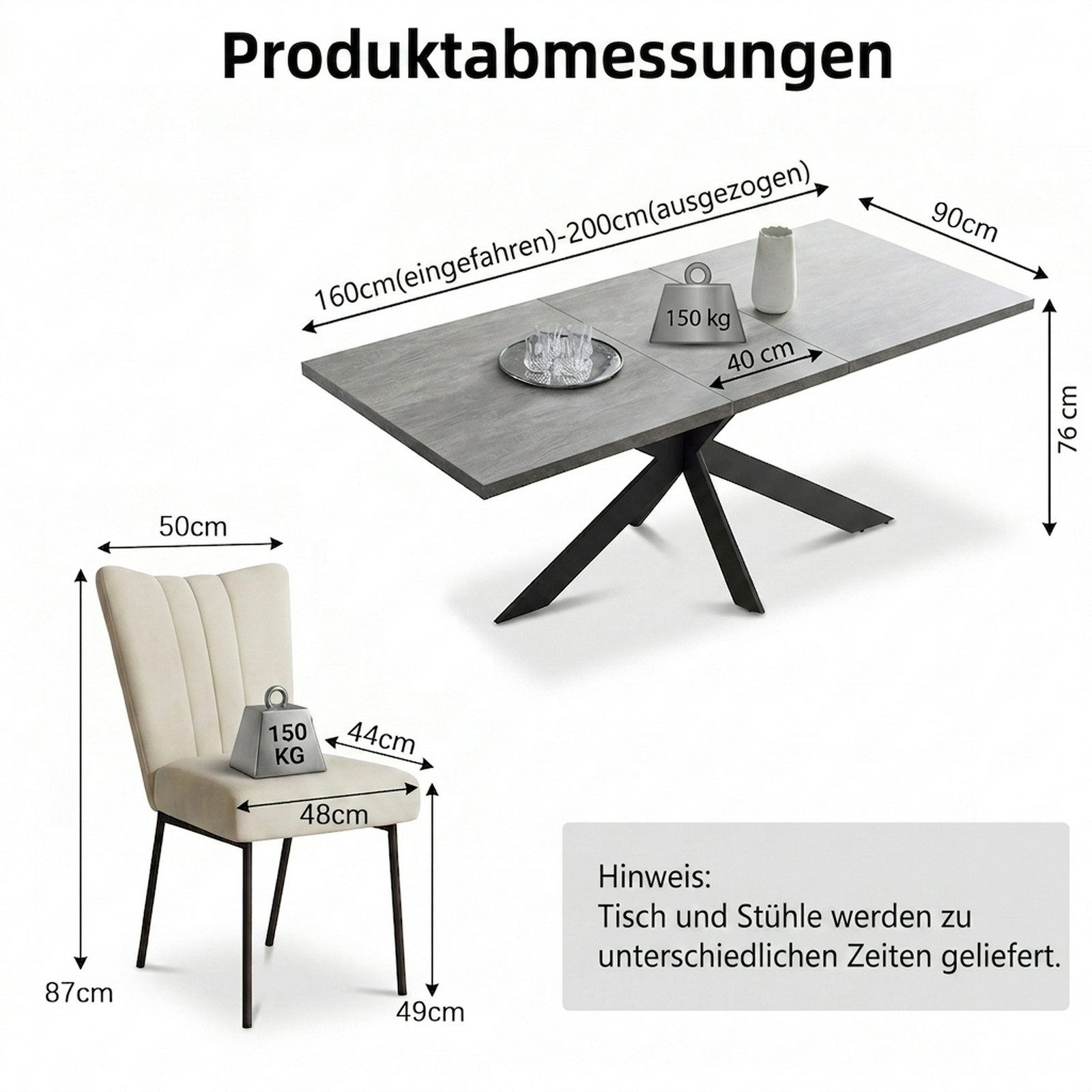 Jiexi Essgruppe Tisch-und Stuhlset, Ausziehbarer Esstisch (160–200 cm) mit 6-8 Stühlen