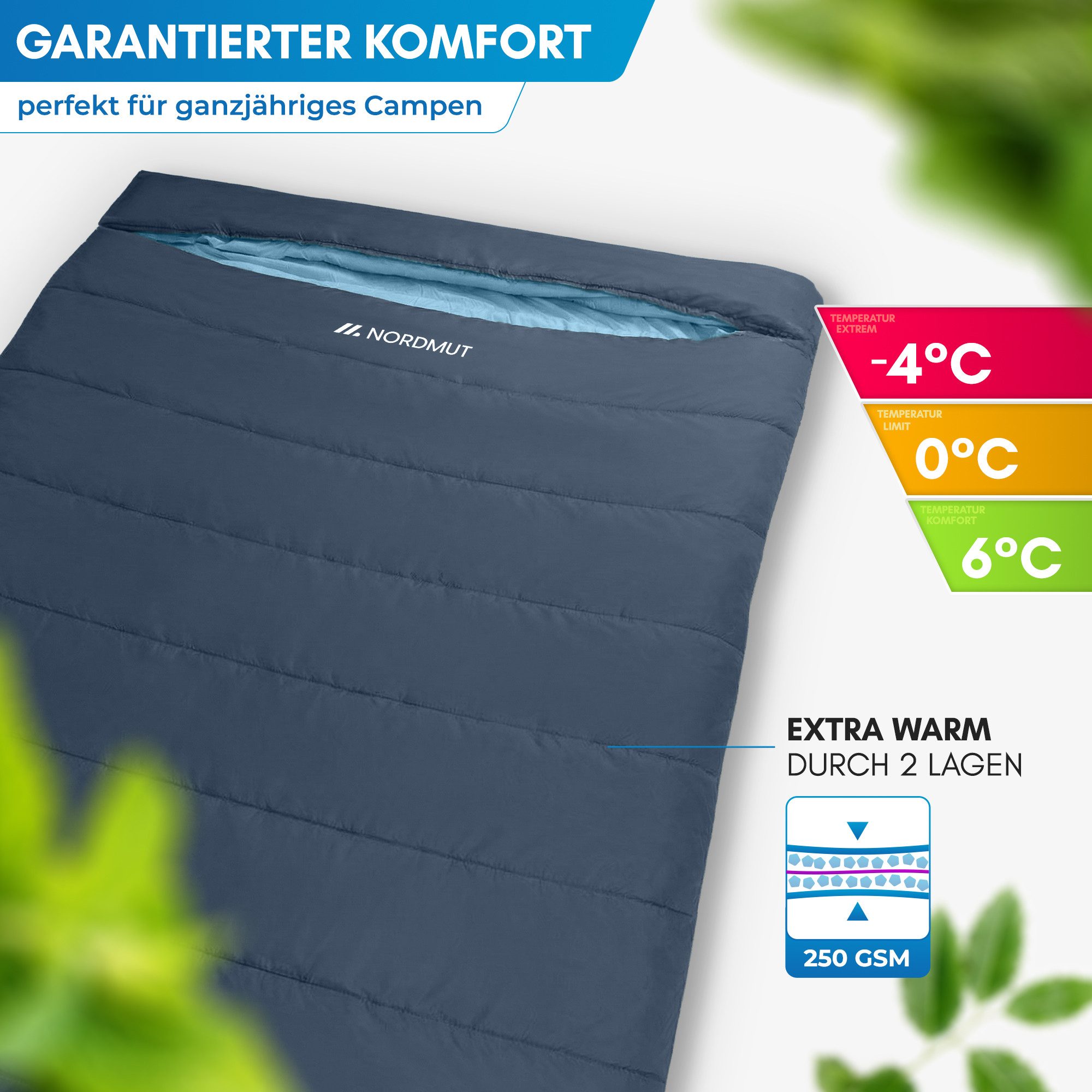 Nordmut Doppelschlafsack Deckenschlafsack XXL 2 Personen Camping Outdoor, warm, koppelbar (Spar-Set, 2 tlg., Nordmut Otra + Kompressionsbeutel), wasserabweisend – Bild 4 von 5