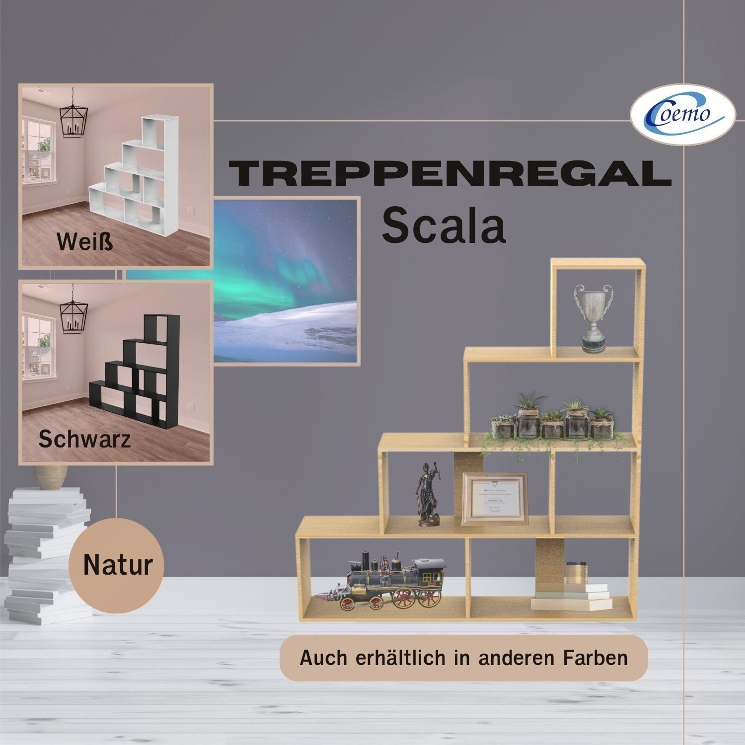 Scala Coemo kombinierbar 155x29x163 Natur Holz cm Regal, Treppenregal aus Raumteiler