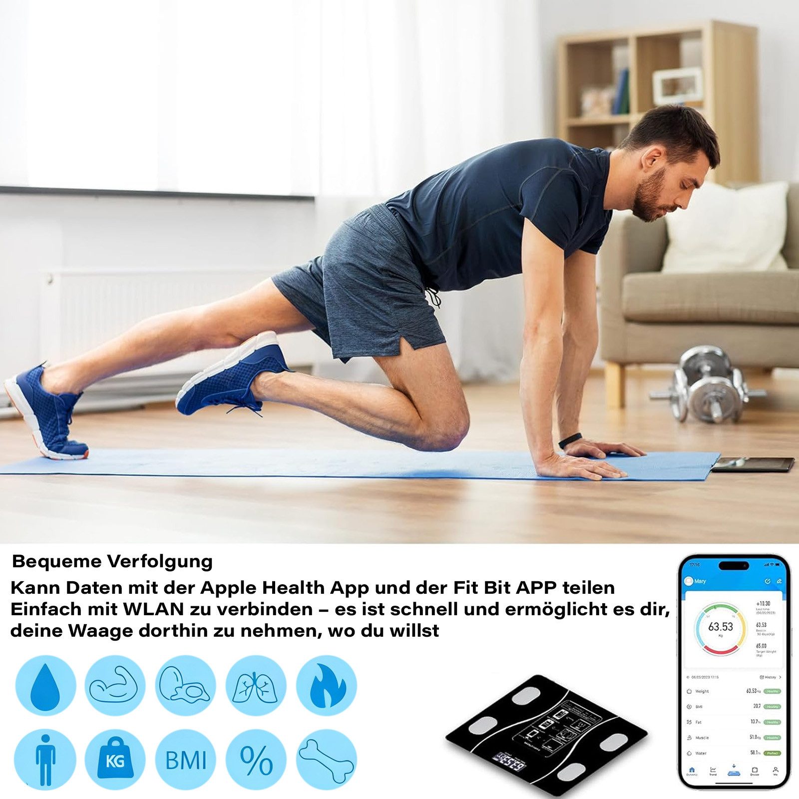 AKKEE Körper-Analyse-Waage Körperfettwaage Digital mit App 180 kg/400 lbs, Multifunktionswaage, BMI, Körperfett, Wasser & Muskelanteil