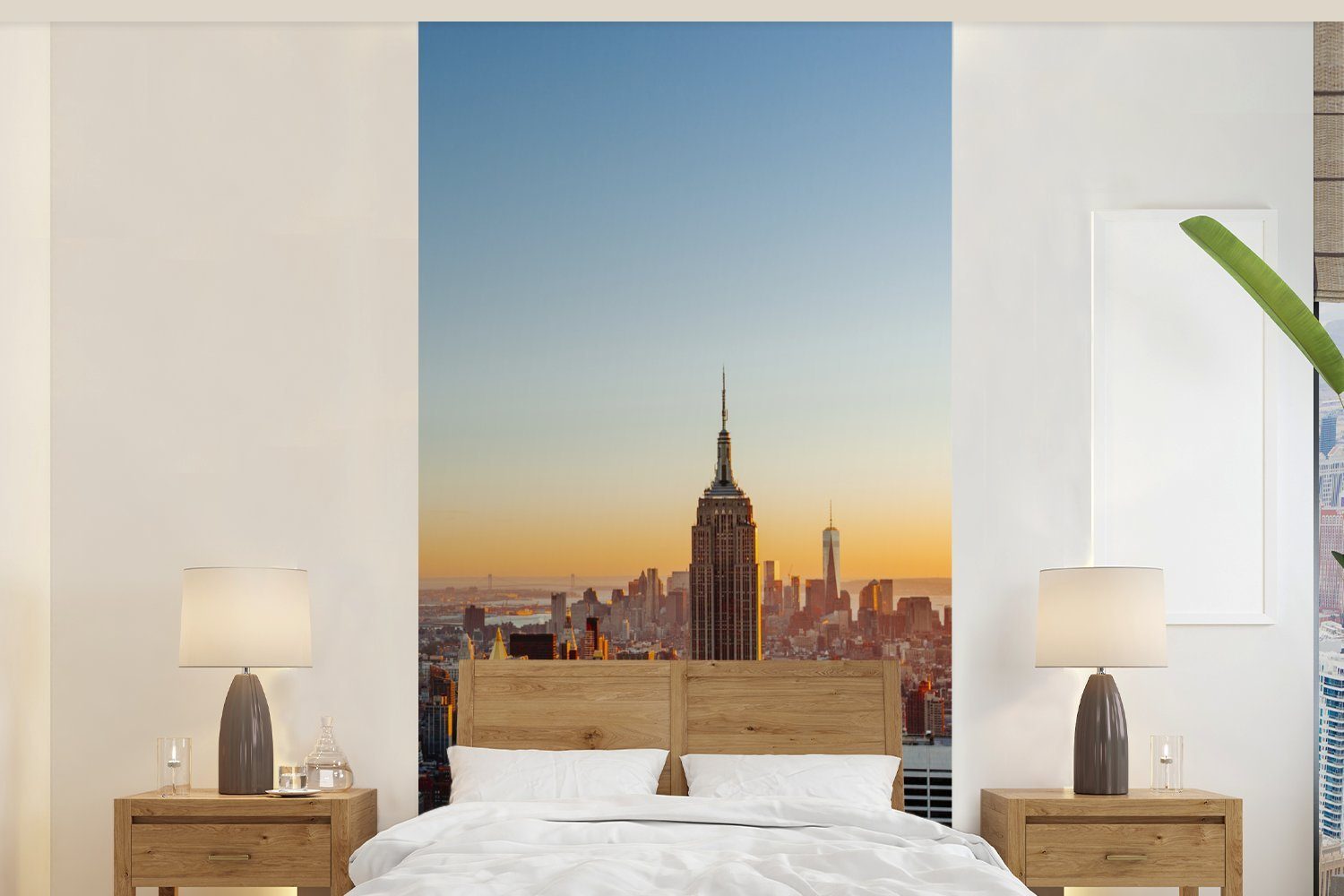Verkaufsstrategie MuchoWow Fototapete New York - Wohnzimmer - Matt, Schlafzimmer bedruckt, St), (2 Küche, Fototapete für Vliestapete Skyline Sonnenuntergang