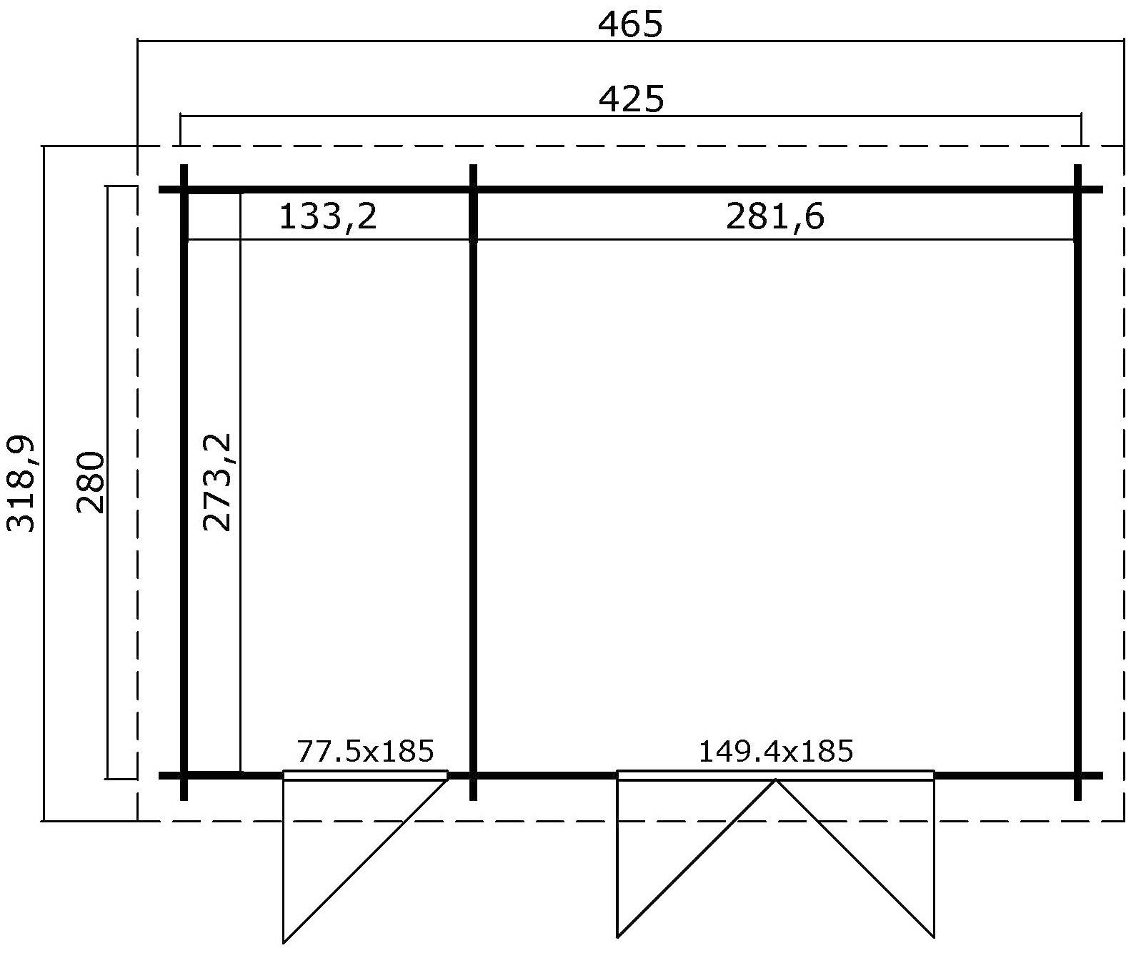 Fundamentmass cm, Blockbohlenhaus 4250x2800, 465x319 Belmont 34mm Gartenhaus Schwedenrot LASITA 2, 2-Raum, MAJA BxT: