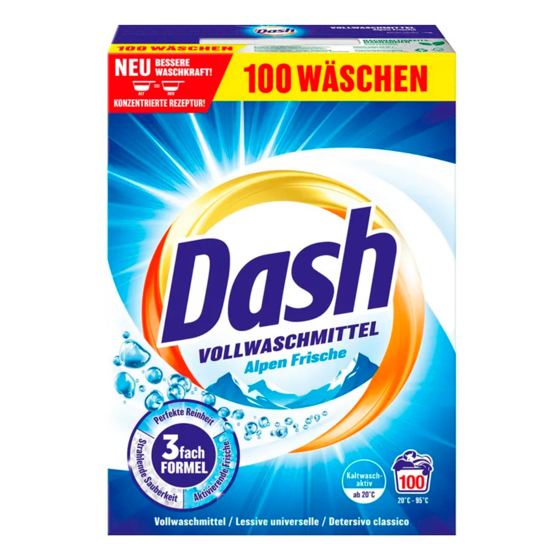 Dash 1x Dash Alpen Frische Pulver – Vollwaschmittel - 100 Waschladungen Vollwaschmittel (1-St. Vollwaschmittel für strahlend reine und frische Kleidung)