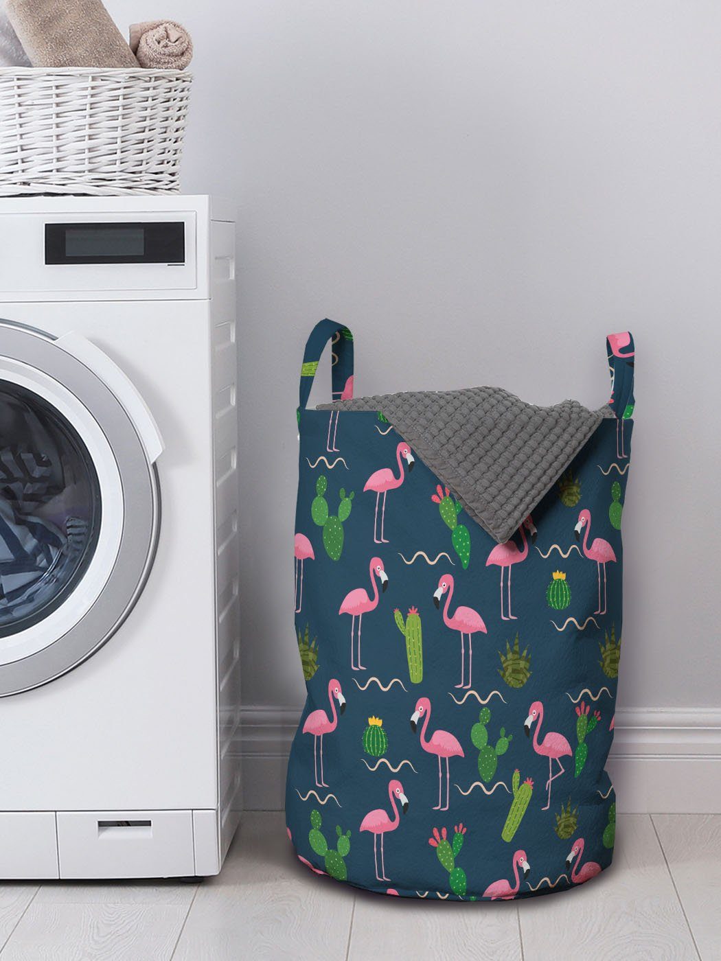 für Wäschesäckchen Cactus Griffen Wäschekorb Kordelzugverschluss Dunkelpink mit Waschsalons, Flamingo-Muster Abakuhaus