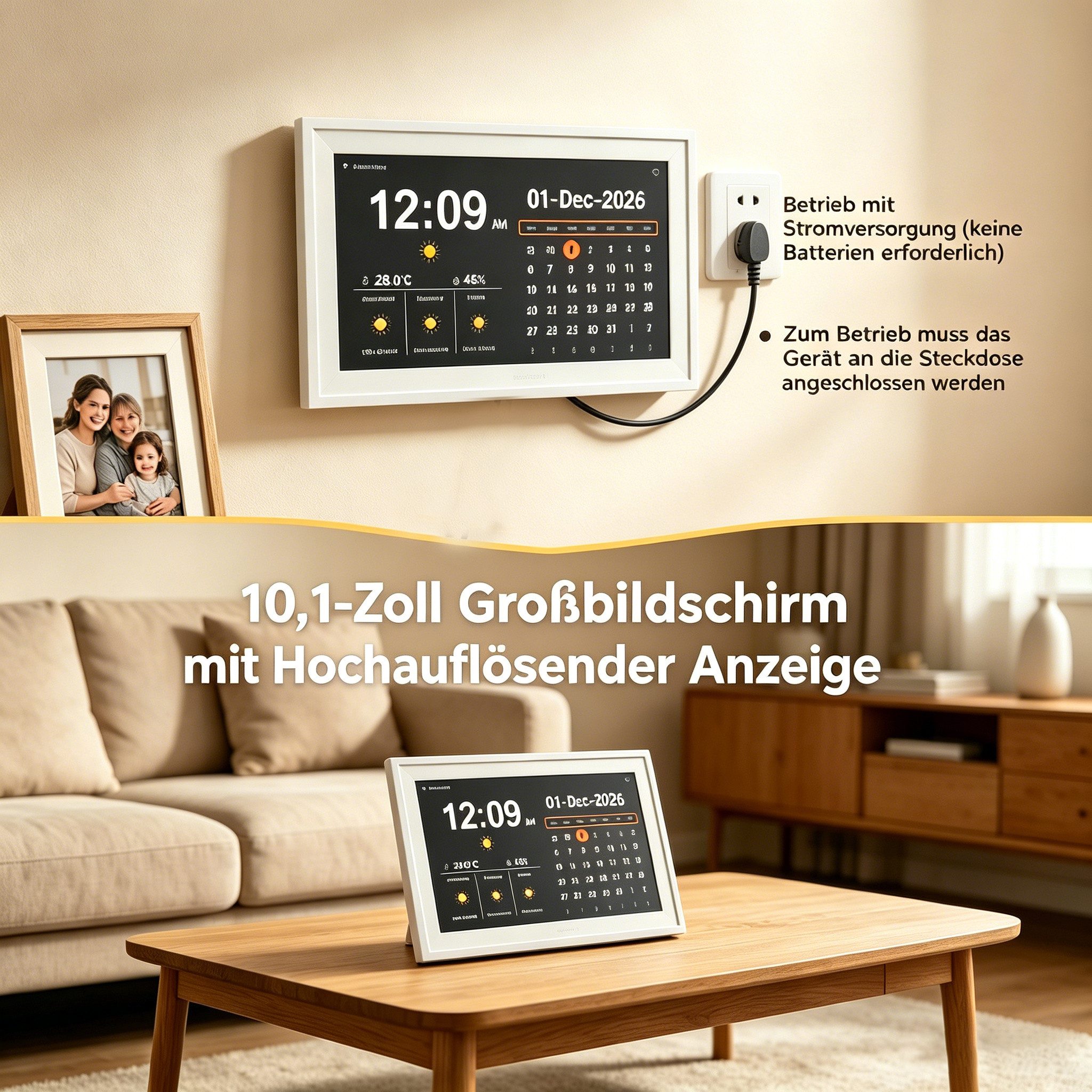 ibettertec Bilderrahmen 10,1 Zoll Digitaler Bilderrahmen Kalenderuhr mit Wetterstation, (Wandmontage & Tischaufstellung), Tages- und Monatskalender, Digitaler Bilderrahmen, 18 Sprachen, Foto- & Videowiedergabe per USB oder Speicherkarte