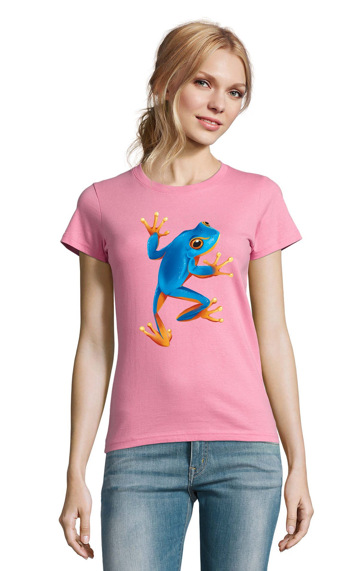 T-Shirt Baumsteiger Frosch blau Fun Natur Tier Damen Shirt Motiv