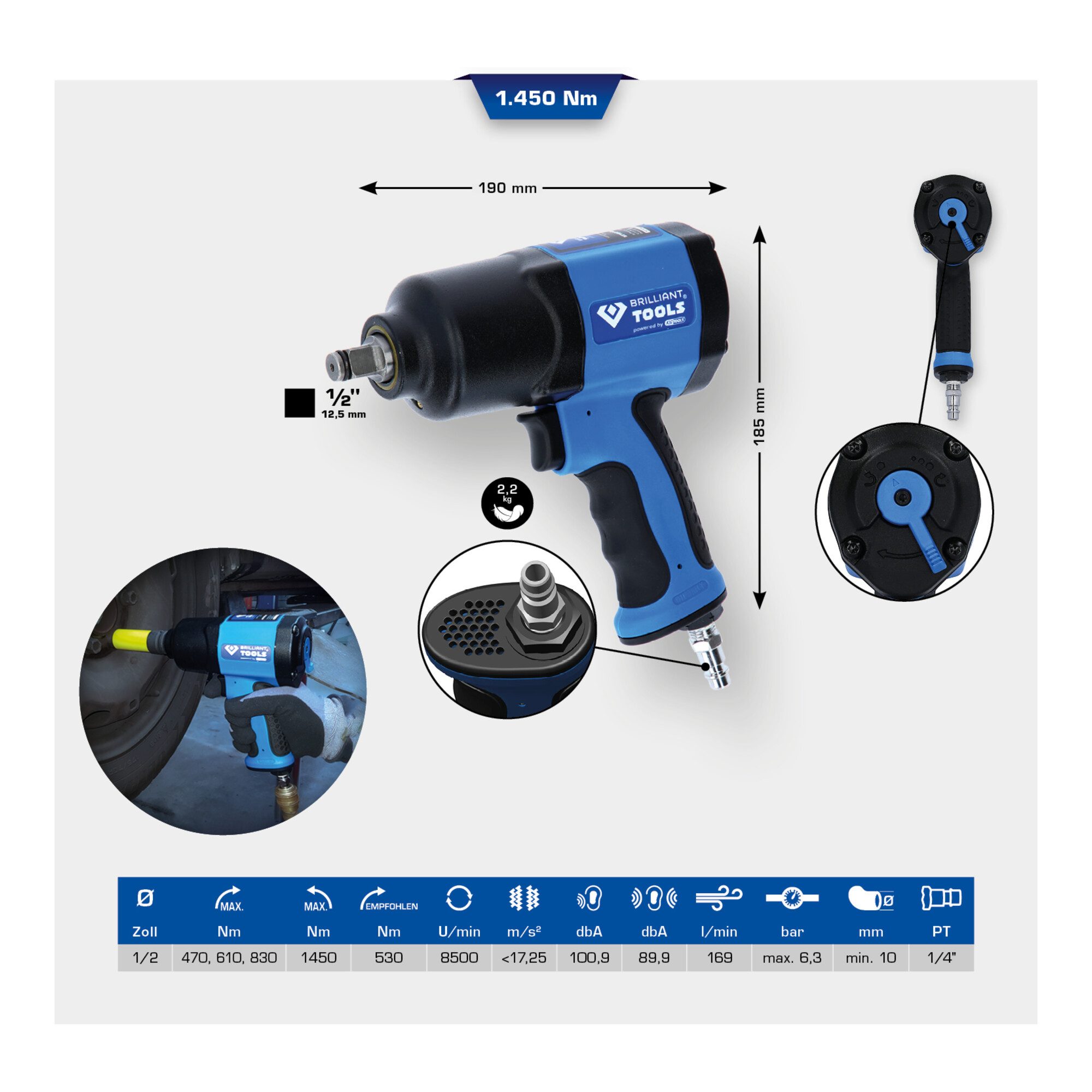 Brilliant Tools Druckluft-Schlagschrauber Brilliant Tools 1/2 Zoll Druckluft-Schlagschrauber, 1450 Nm
