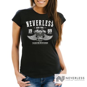 Neverless Print-Shirt Damen T-Shirt Biker Motorrad Motorblock Engine Flügel Wings Slim Fit Neverless® mit Print