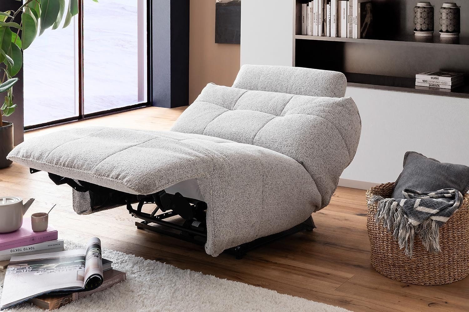 Relaxsessel BELVIANO, Hellgrau, Stoffbezug, mit Kopfstütze, 1-motorig, elektrische Relaxfunktion, B 93 x H 91 x T 105 cm