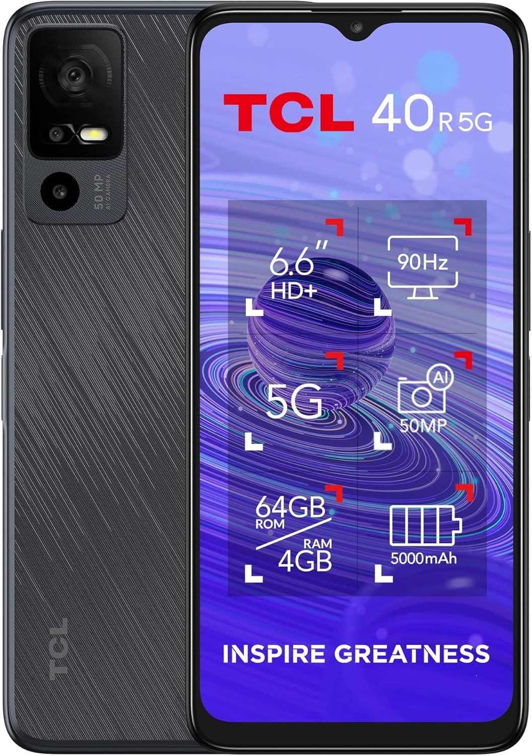 TCL 40R 5G Smartphone (16,76 cm/6.6 Zoll, 64 GB Speicherplatz, 50 MP Kamera, Lebendige Farben und gestochen scharfe Details)