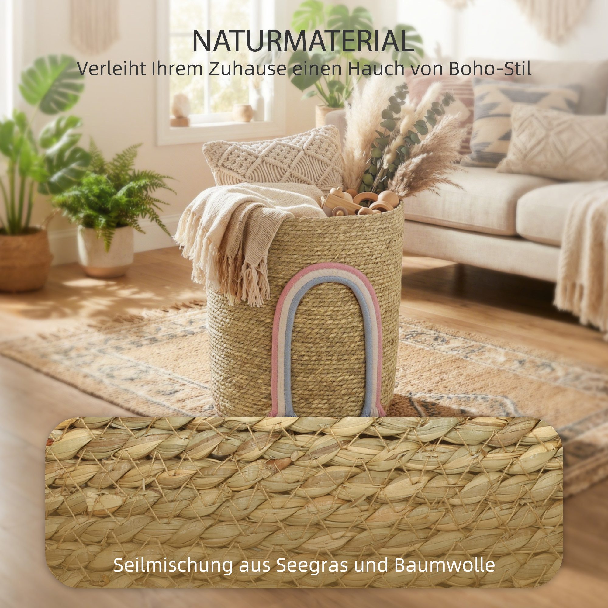 HOMCOM Aufbewahrungskorb Geflochten, Seegras Korb, für Wohnzimmer und Schlafzimmer, Natur (Wäschekorb, 1 St., für Organisieren von Spielzeug und Kleidung), Boho – Bild 5 von 5