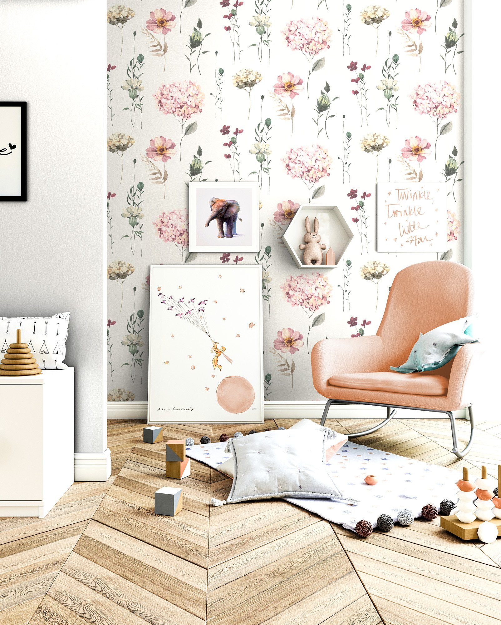 Newroom Vliestapete Rosa Tapete Kindertapete Blumen, Blüten, Hortensien, Rosa Tapete Kinder Blumen - Kindertapete Jugendtapete Rose Grau Verspielt Blüten Hortensien für Kinderzimmer Jugendzimmer Babyzimmer, Blumentapete