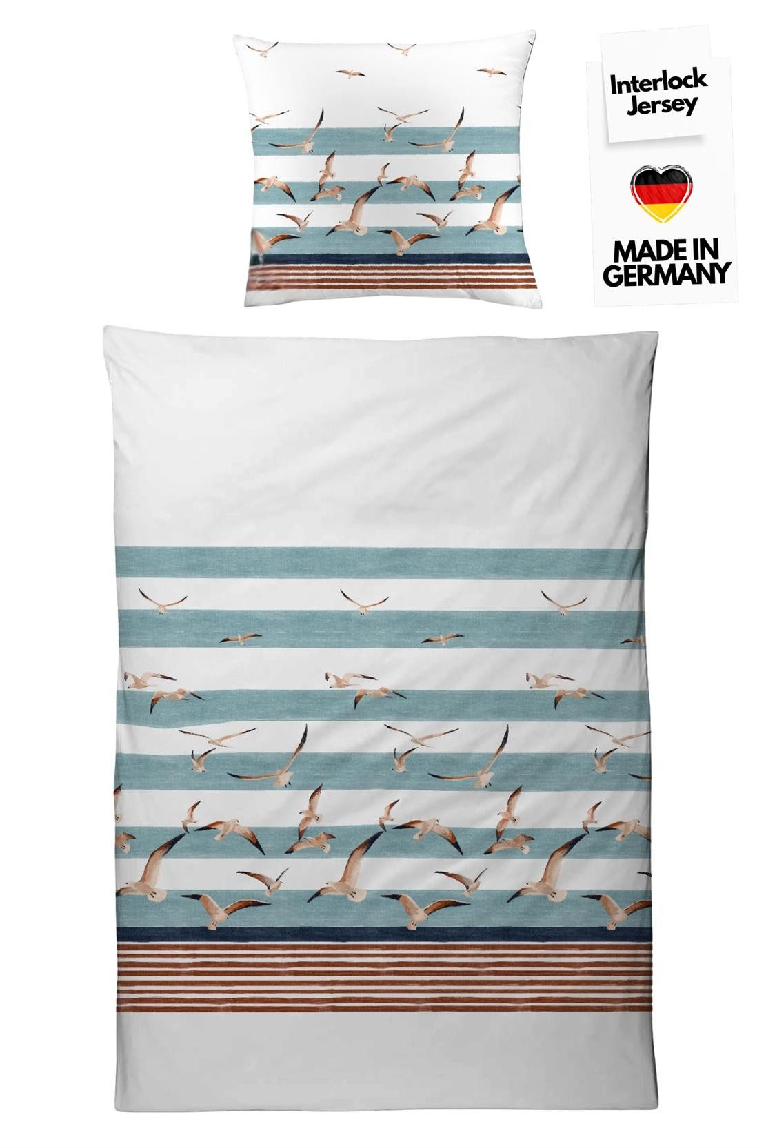 Carpe Sonno Bettwäsche Jersey 135 x 200 155 x 220 Maritim Baumwoll Bettwäsche MADE IN GERMANY, Mako-Interlock-Jersey, 2 teilig, Maritime Interlock Jersey - Bettbezug 135x200 Möwen