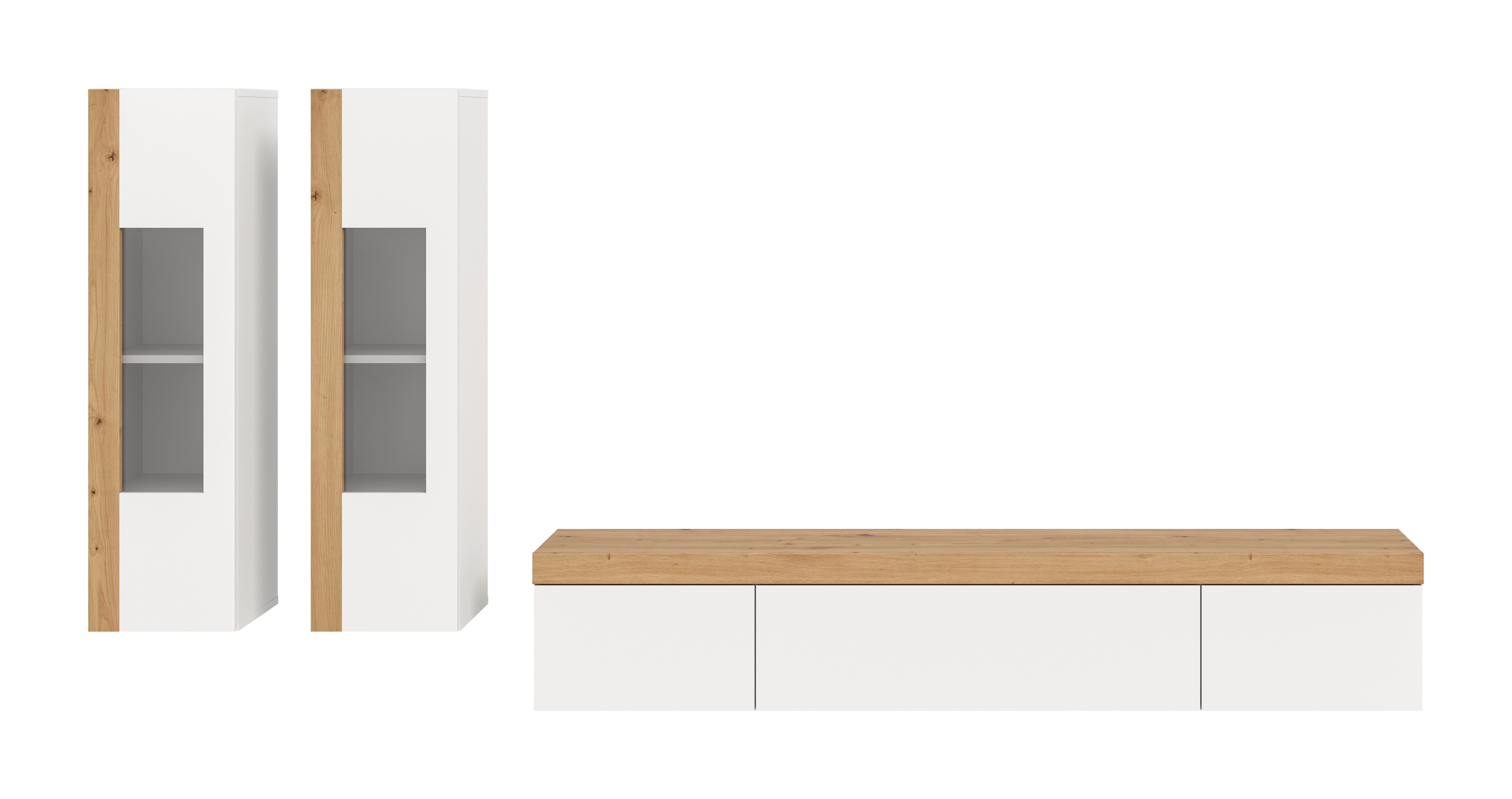 furnling Wohnzimmer-Set Rudas, (3-St., bestehend aus Lowboard, 2 Vitrinen), Wohnzimmermöbel, Absetzung in Artisan Eiche, Breite 270 cm