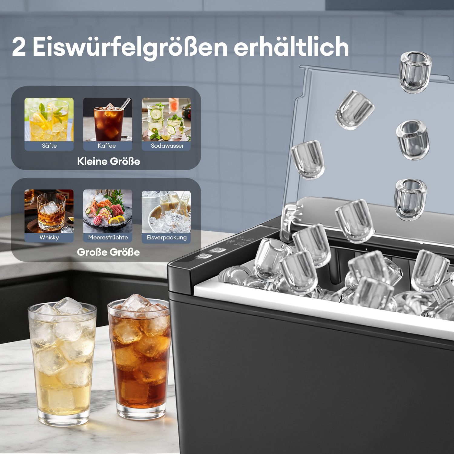 JVJH Eiswürfelmaschine Klein Ice Maker 9 Würfel in 6 Minuten (12kg/24h) 1,5L Wassertank, Eiswürfelbereiter mit Selbstreinigung Eisfüllsensor 2 Arten Eiswürfeln – Bild 5 von 5