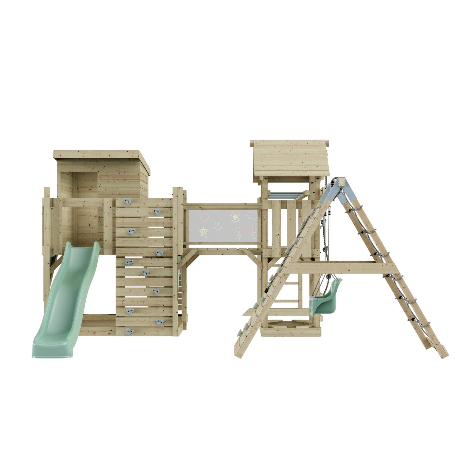 OutdoorToys Spielturm Tessa, aus Holz in Mintgrün mit Babyschaukel & Rutsche, Kletterwand