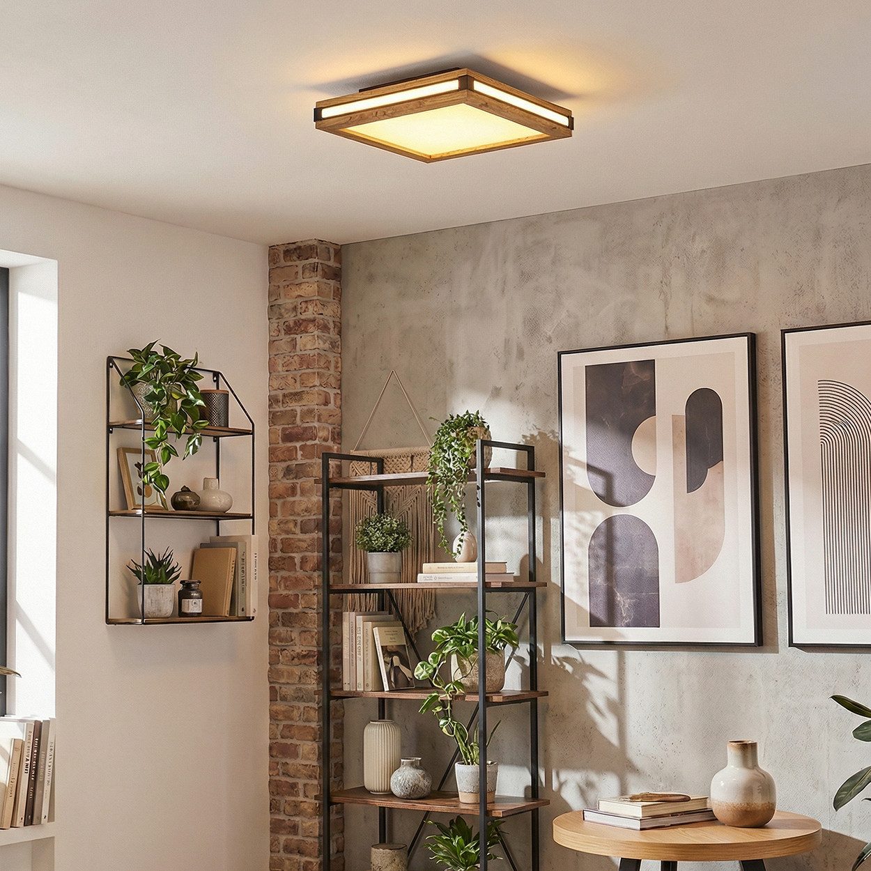 hofstein Panel Deckenpanel aus Metall/MDF/Kunststoff in Schwarz/Holzoptik/Weiß, Deckenleuchte m. Memory-Funktion, LED 12 Watt, 1380 Lumen, 3000 Kelvin