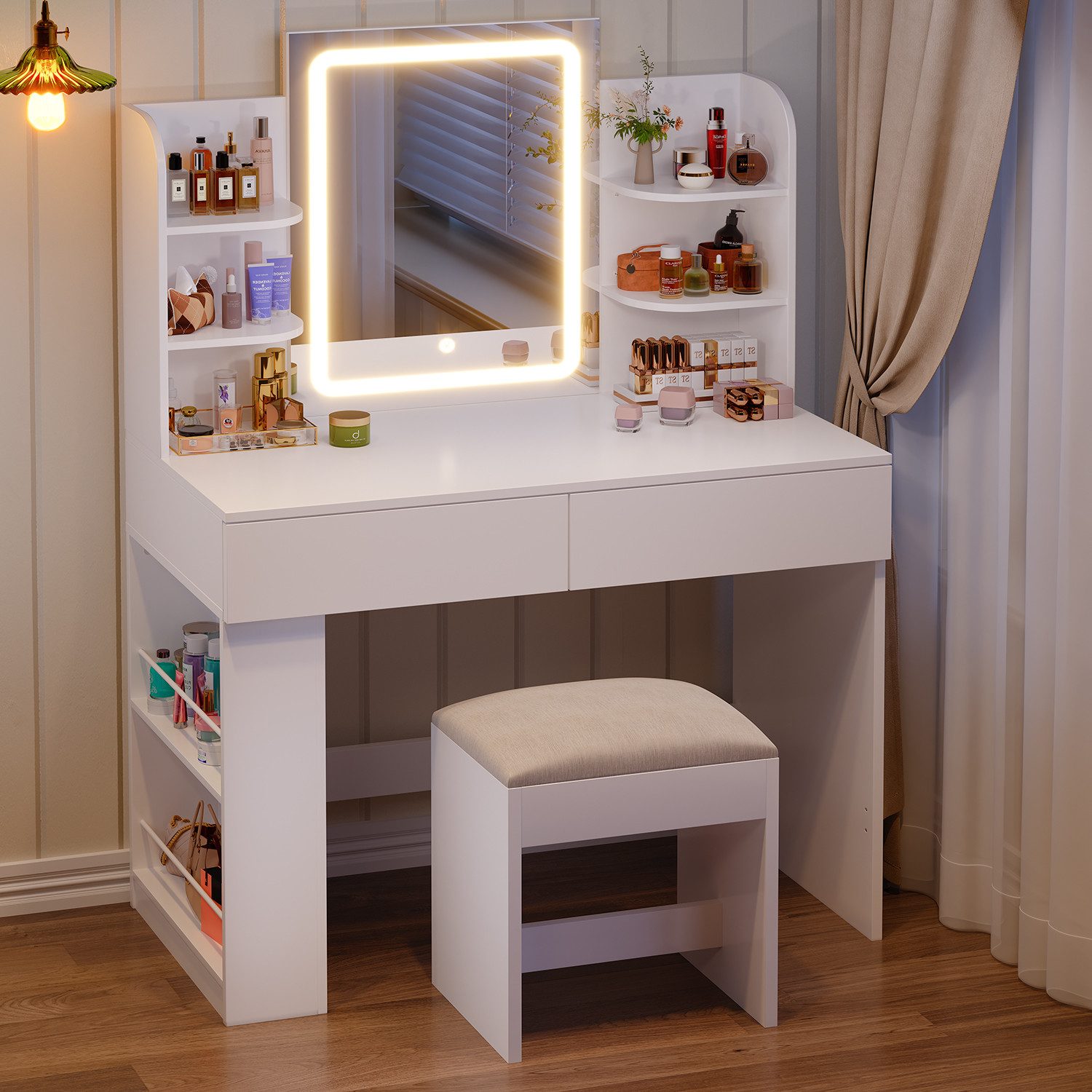 Furnicopia Schminktisch 90/110 cm, LED-Beleuchtung mit einstellbarer Hellig günstig online kaufen