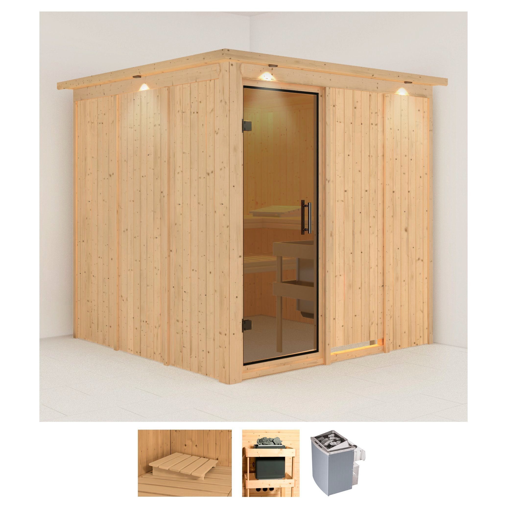 Karibu Sauna Rodin, BxTxH: 210 x 210 x 202 cm, 68 mm, (Set) 9-kW-Ofen mit integrierter Steuerung