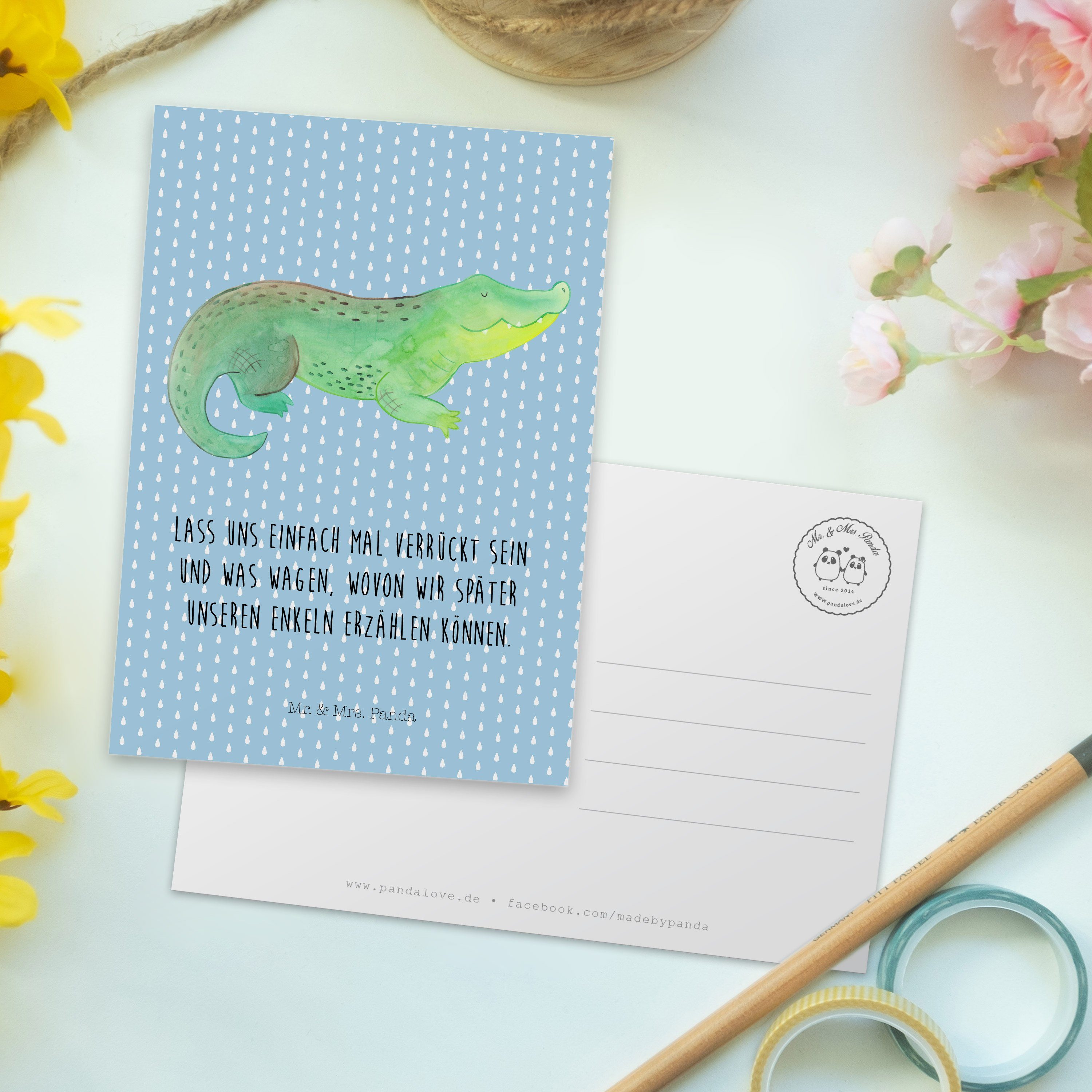 beste - & Geschenk, - Mr. Postkarte Grußkarte, Blau F Panda Abenteuerlust, Mrs. Krokodil Pastell