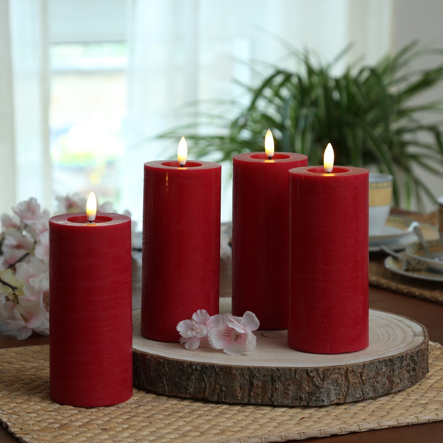 Adilina LED-Kerze Kerzenset LINA Rustik Optik für Adventskranz 7x15cm Timer rot 4St, LED Classic, warmweiß (2100K bis 3000K)