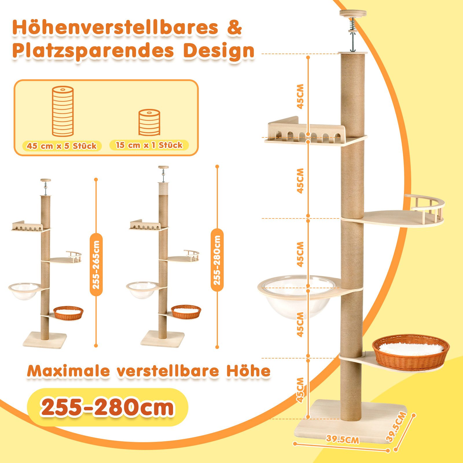 Hausright Kratzbaum Kratzbaum höhenverstellbar 255-270 cm mit 5 Sisalsäulen, 5-Stöckig, 255–270 cm, Ohne Bohren, Sisalstämme