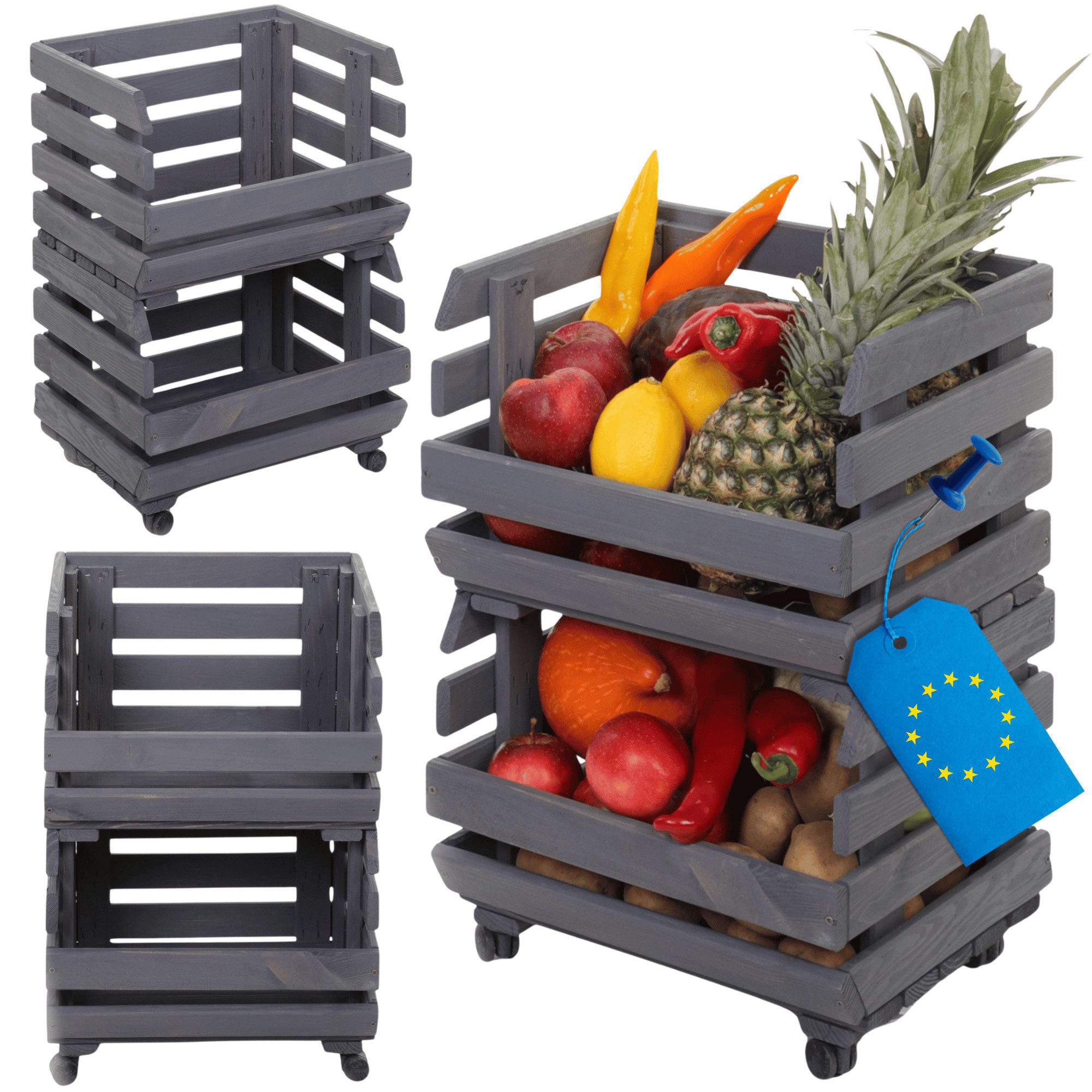 Modo24 Küchenregal Modular Holzregal für Gemüse Obst auf Rollen, Stapelbares Regalsystem, Kartoffelsteige, Küchenregal, Vorratsregal, Gemüseregal, 3 Farben