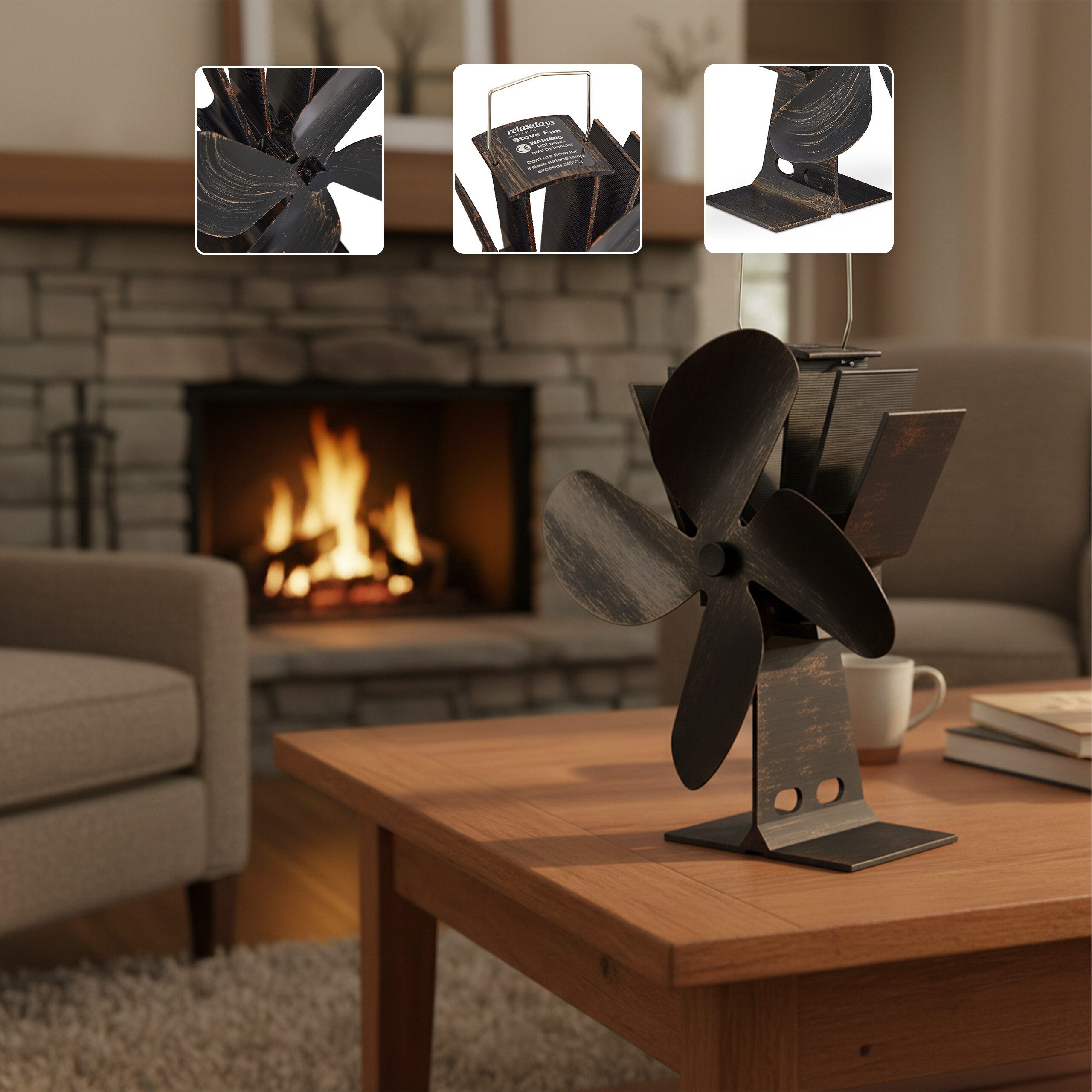 relaxdays Kaminventilator Ofenventilator ohne Strom Vintage