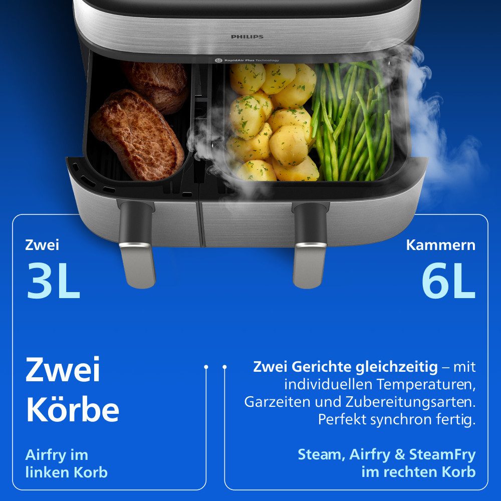 Philips Heißluftfritteuse NA555/00 Steam Airfryer 5000 Series Dual Basket, 9L Kapazität (3L+6L), 2750 W, mit Dampfgar-Funktion; Silber/Edelstahl