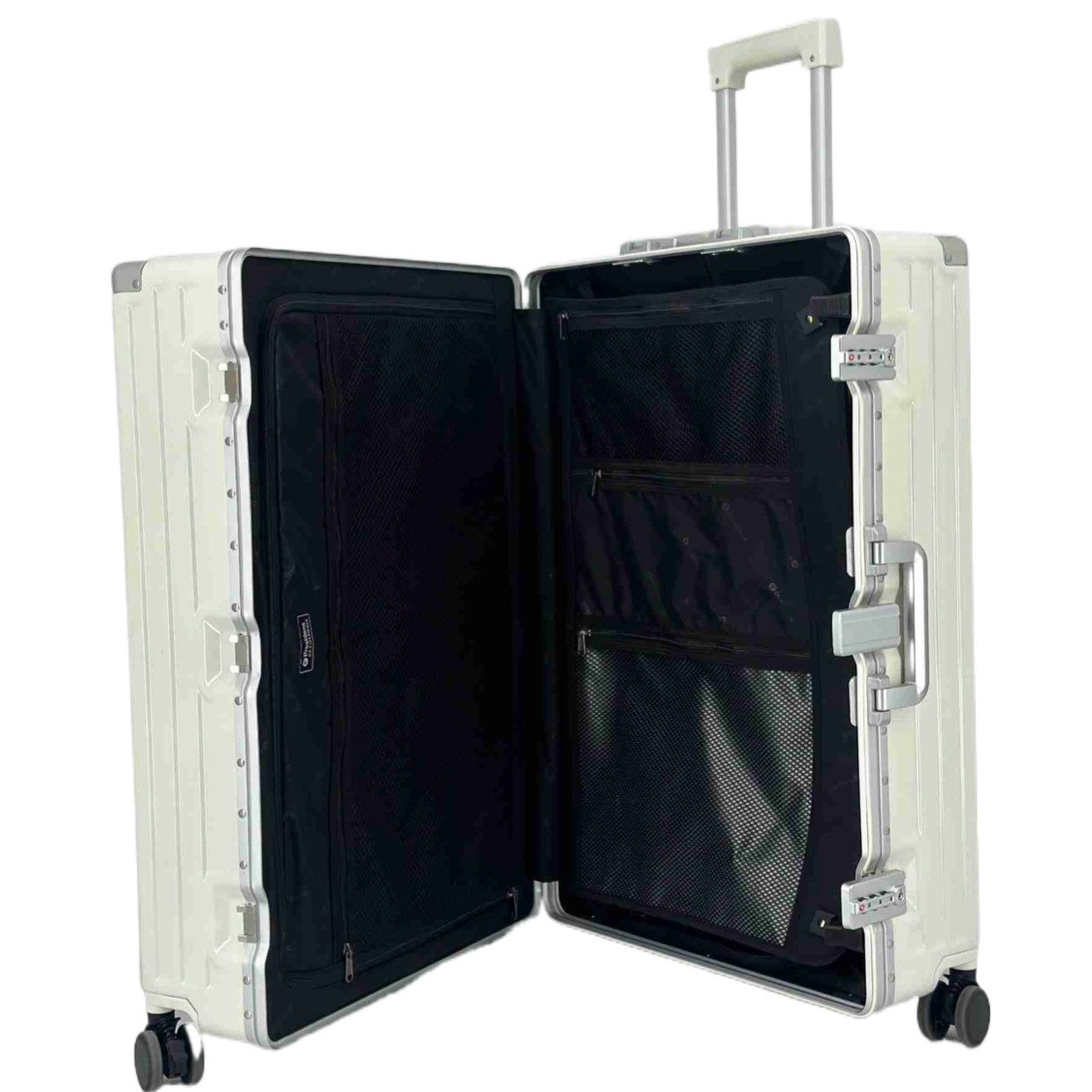 Super Solu Hartschalen-Trolley Alu-Rahmen Hartschalenkoffer 28 Zoll aus PC mit Schnappverschluss, 4 Rollen, 74cm, Weiß, Polycarbonat-Hartschale, TSA-Schloss Reisekoffer