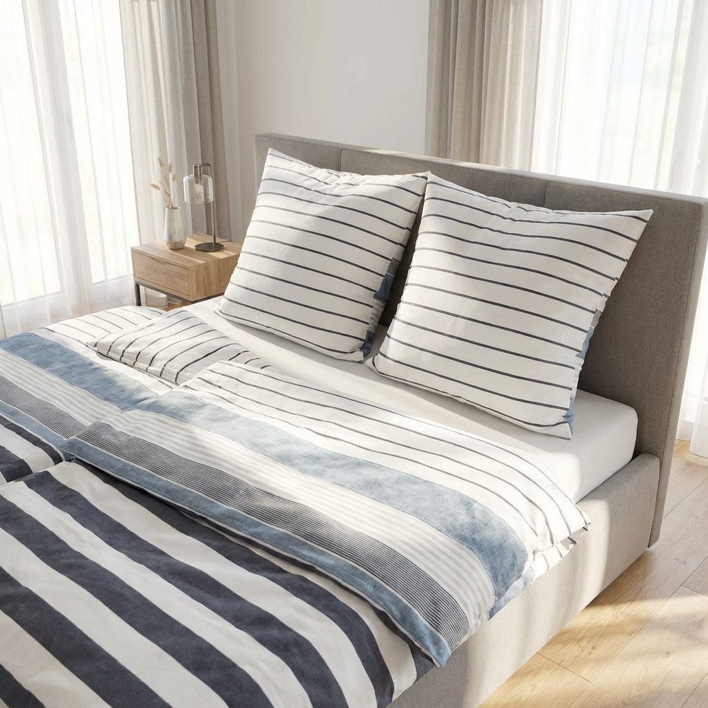 Traumschloss Bettwäsche Premium Baumwolle, Flanell, 2 teilig, Streifenmuster in blau, grau, anthrazit