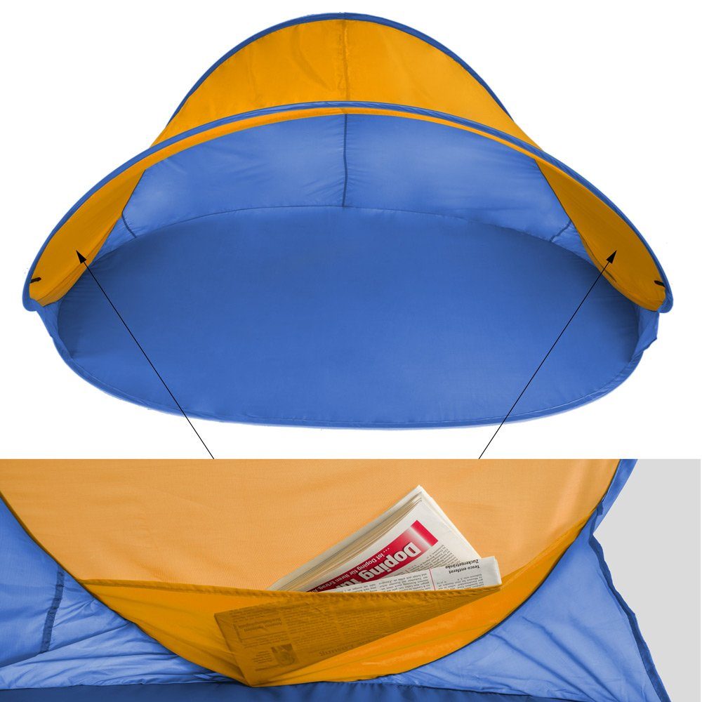 tectake Strandmuschel Pop-Up Strandmuschel, 220 x 120 x 100 cm selbstaufbauend, Personen: 2 (Strandzelt Jasmin, Inkl. Zubehör und Tragetasche in blau/orange), Fiberglasgestänge, gute Belüftung, UV-beständig, inkl. 2 Ablagefächer