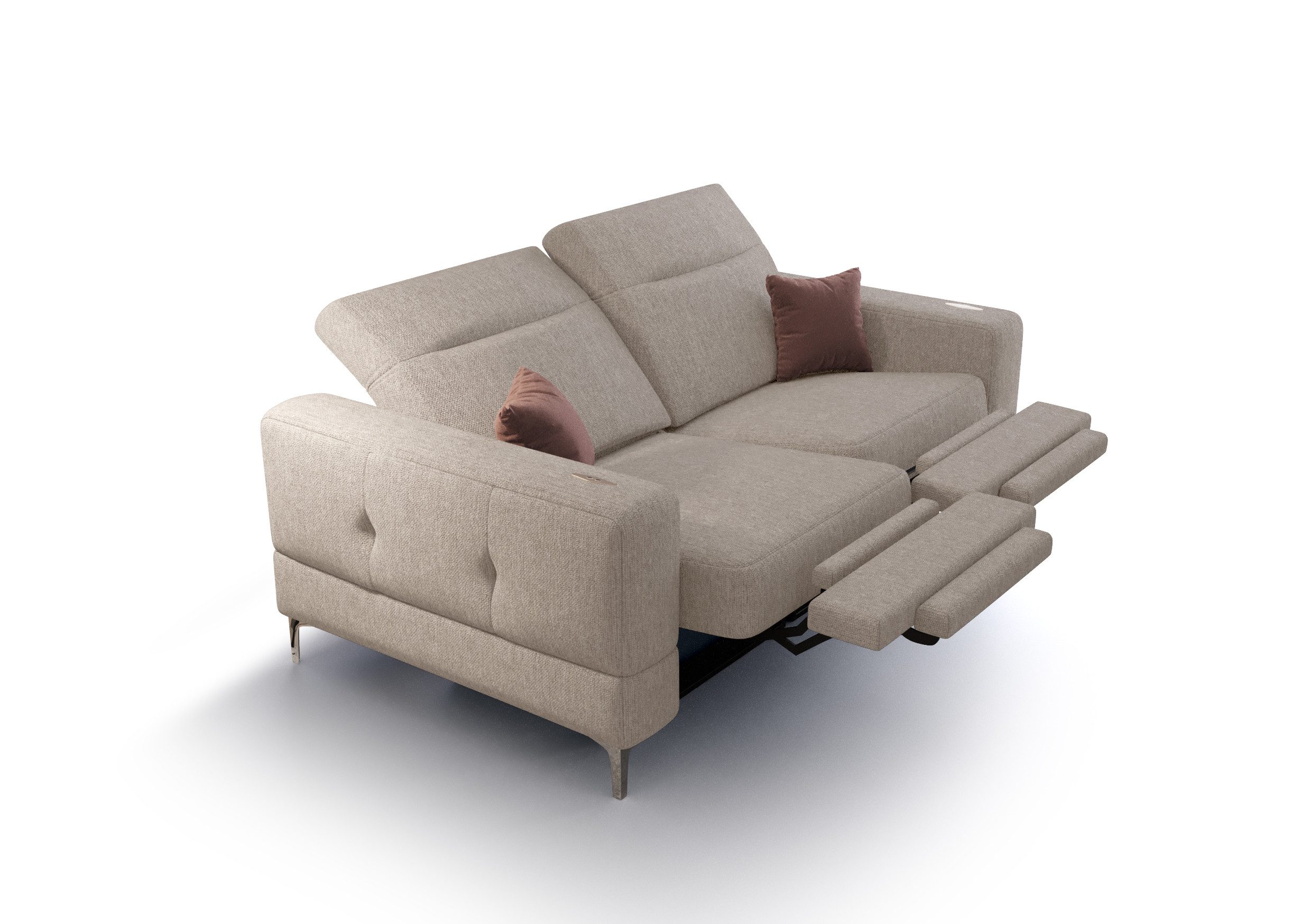 Friderik-EU 2-Sitzer mit elektrischer Relaxfunktion, Malibu Relax II, 180 cm, Gemma Stoff, – verstellbaren Kopfstützen – stilvolle Metallfüße