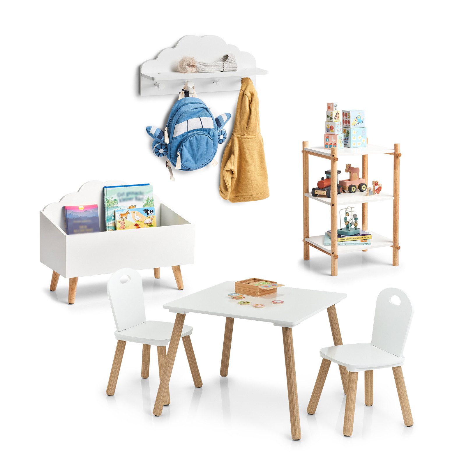 HTI-Living Kindersitzgruppe Kindermöbel Weiß 4er-Set, (Set, 4-tlg., 1x Sitzgruppe, 1x Regal, 1x Truhe, 1x Wandgarderobe), Sitzgruppe Regal Truhe Wandgarderobe. € 209,99