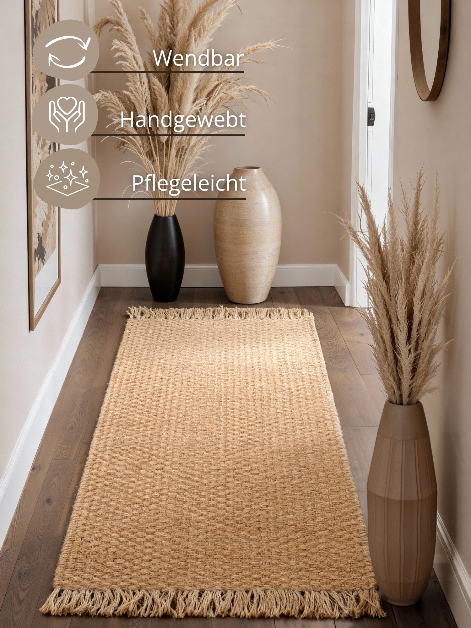 HANSE Home Teppich Fjord, rechteckig, Höhe: 10 mm, Jute, Handgemacht, Naturteppich, Wohnzimmer, Läufer, Fransen