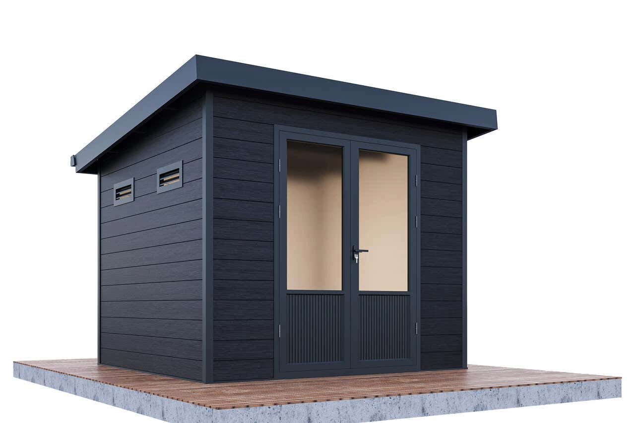 Finnhaus Wolff Gerätehaus Holz WPC Nives 2724 28 Anthrazit/Hellgrau, BxT: 300x277 cm, in Naturbelassen mit 28mm Wandstärke