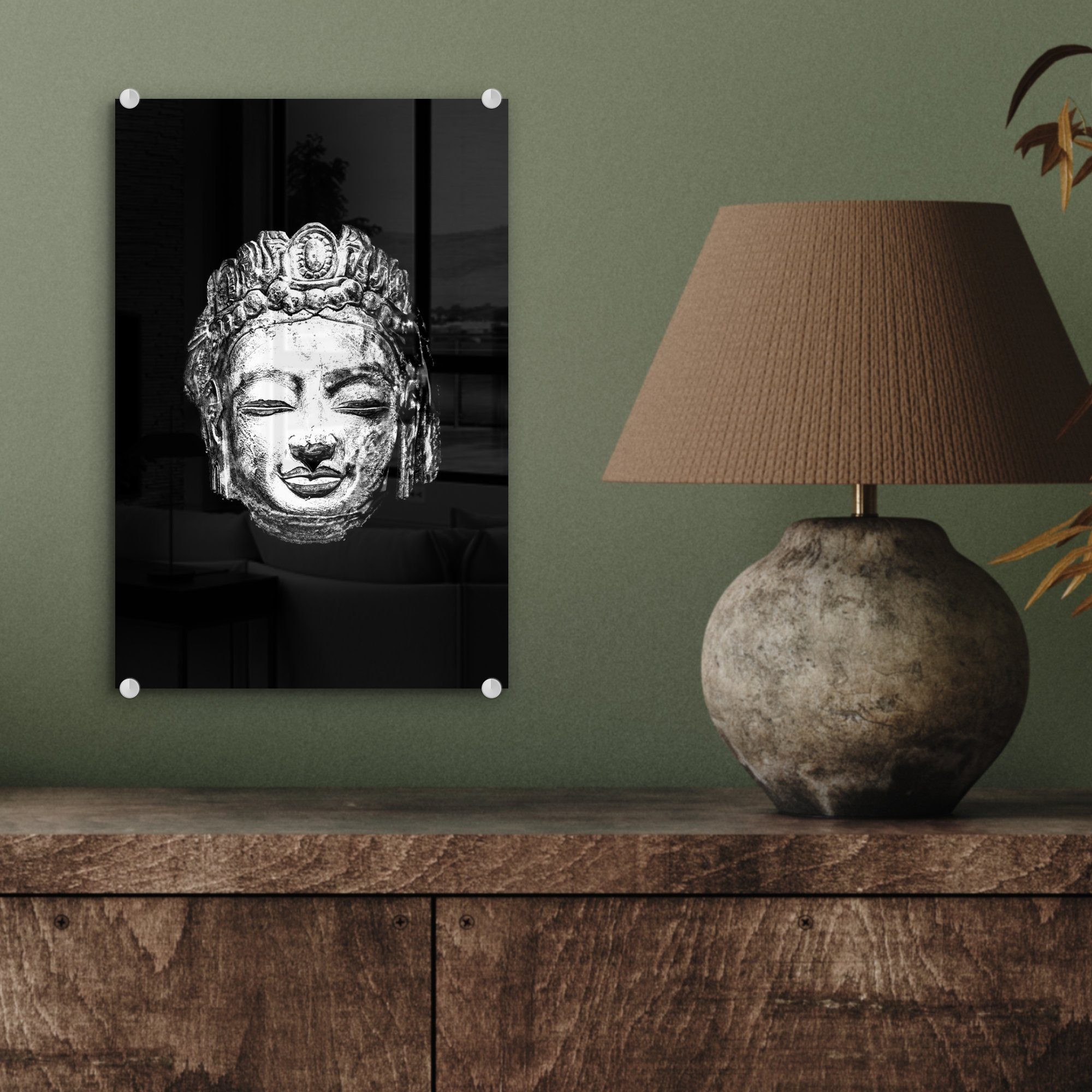 MuchoWow Acrylglasbild weiß, Wandbild auf Wanddekoration eines - Glas Glas Kopf und bunt (1 Buddhas Glasbilder - - St), schwarz Foto goldenen Bilder - auf